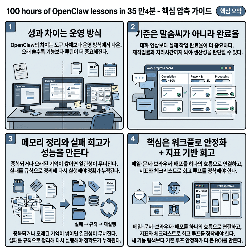 100 hours of OpenClaw lessons in 35 minutes의 핵심 내용을 4단계로 요약한 인포그래픽