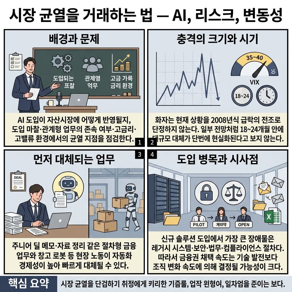 How to Trade Cracks in the Markets - AI, Risks, and Vols의 핵심 내용을 4단계로 요약한 인포그래픽