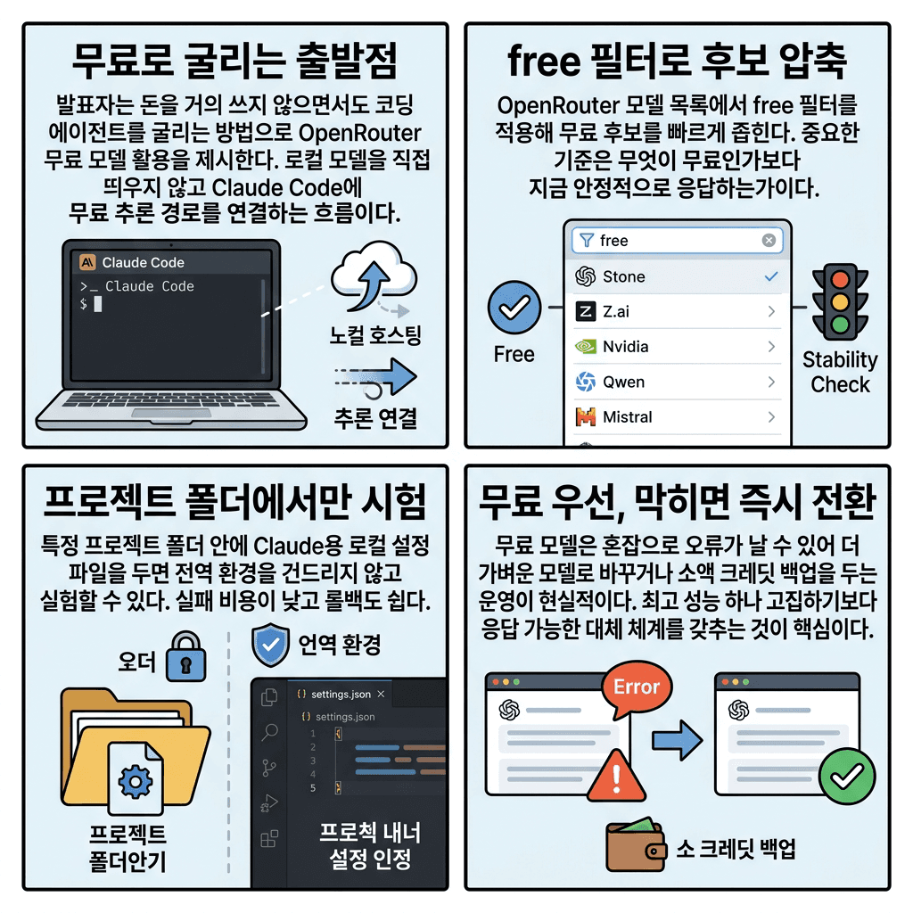 How To Use Claude Code FREE Forever (OpenRouter Setup)의 핵심 내용을 4단계로 요약한 인포그래픽