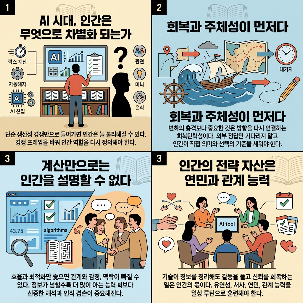 뇌과학자가 말하는 AI 시대에도 끝까지 살아남는 5가지 능력 ㅣ 김대식 교수님의 고전 책 5권 추천 ㅣ도서리뷰의 핵심 내용을 4단계로 요약한 인포그래픽