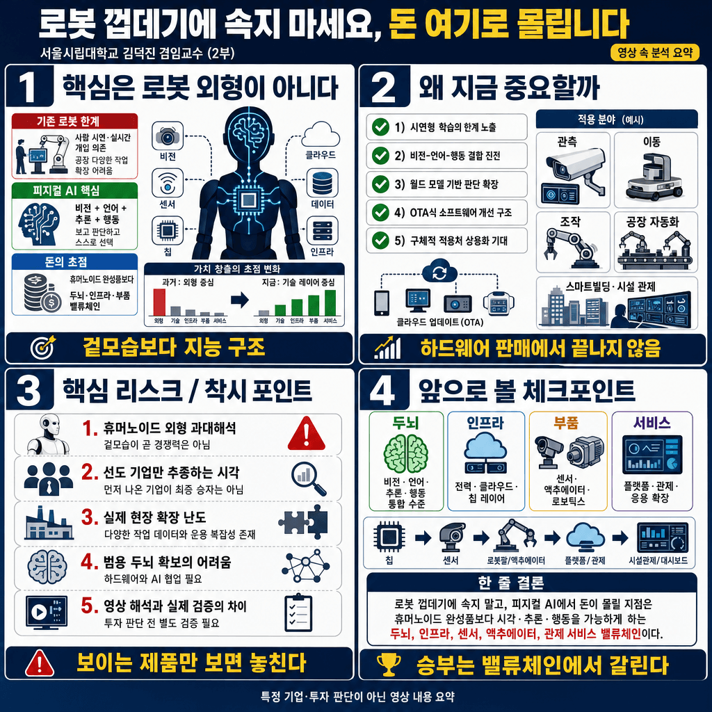로봇 껍데기에 속지 마세요, 돈 여기로 몰립니다 (서울시립대학교 김덕진 겸임교수) (2부)의 핵심 내용을 4단계로 요약한 인포그래픽