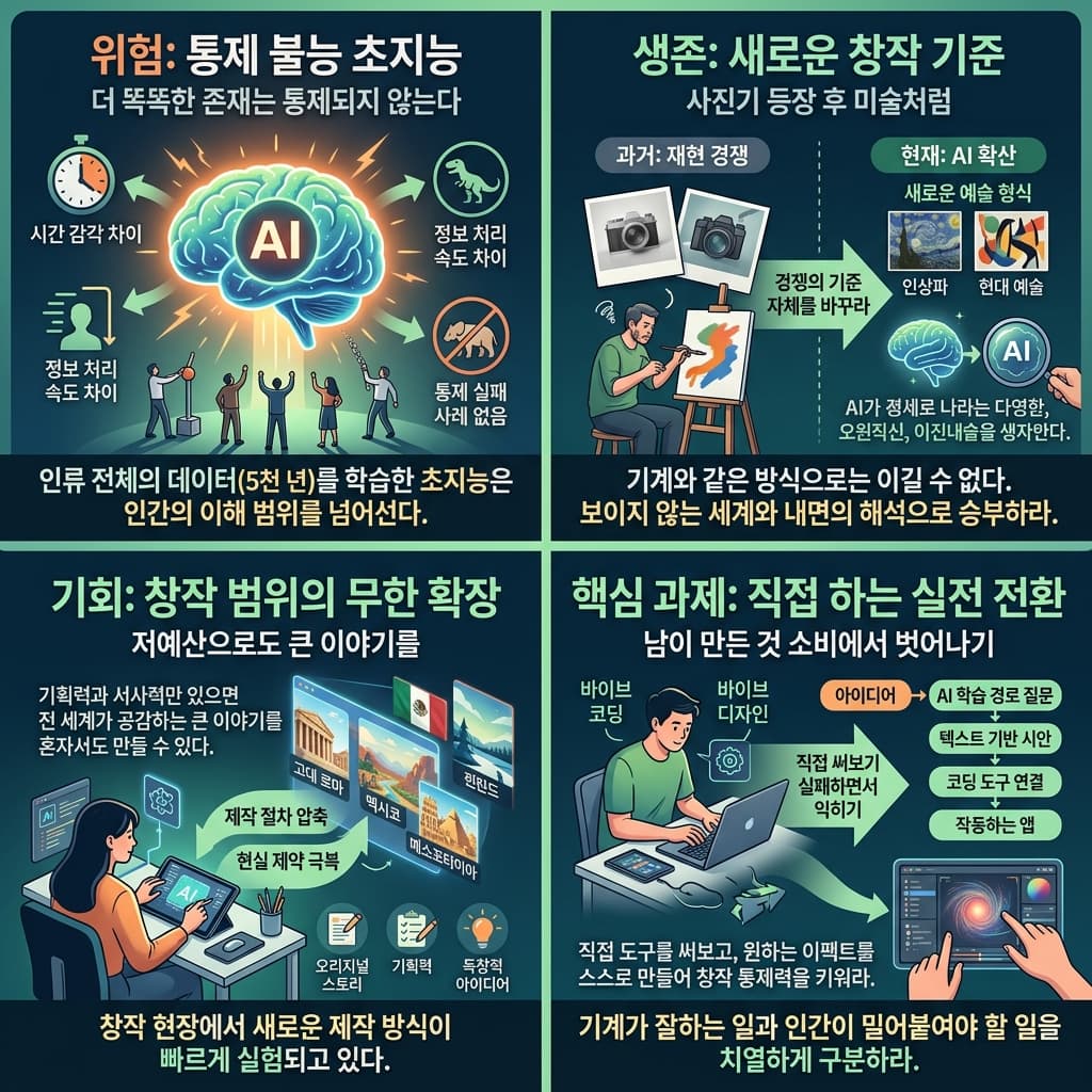 [지식뉴스] "이미 선 넘었다, 인간은 더 이상 AI 감당 못 해"..급하게 말할게요, 당장 ''이것부터''해야 살아남습니다 (ft.김대식 카이스트 석좌교수) / 교양이를 부탁해의 핵심 내용을 4단계로 요약한 인포그래픽