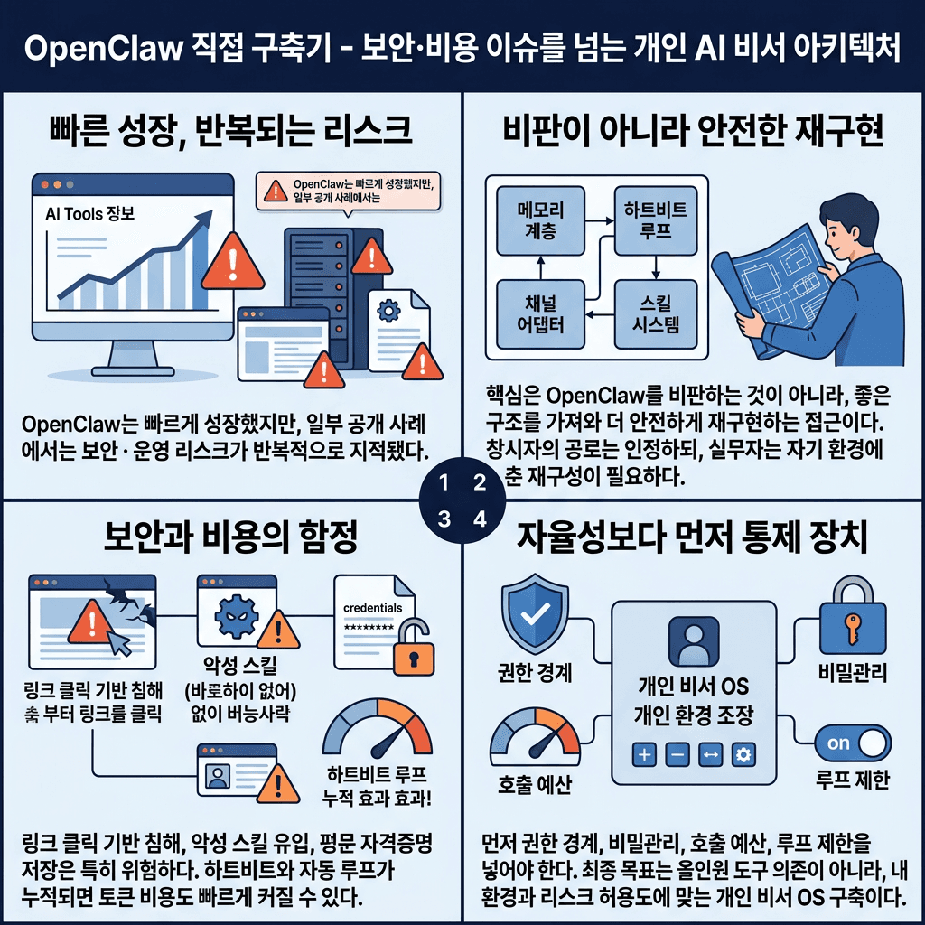 I built my own OpenClaw that does EVERYTHING for me (but safer)의 핵심 내용을 4단계로 요약한 인포그래픽