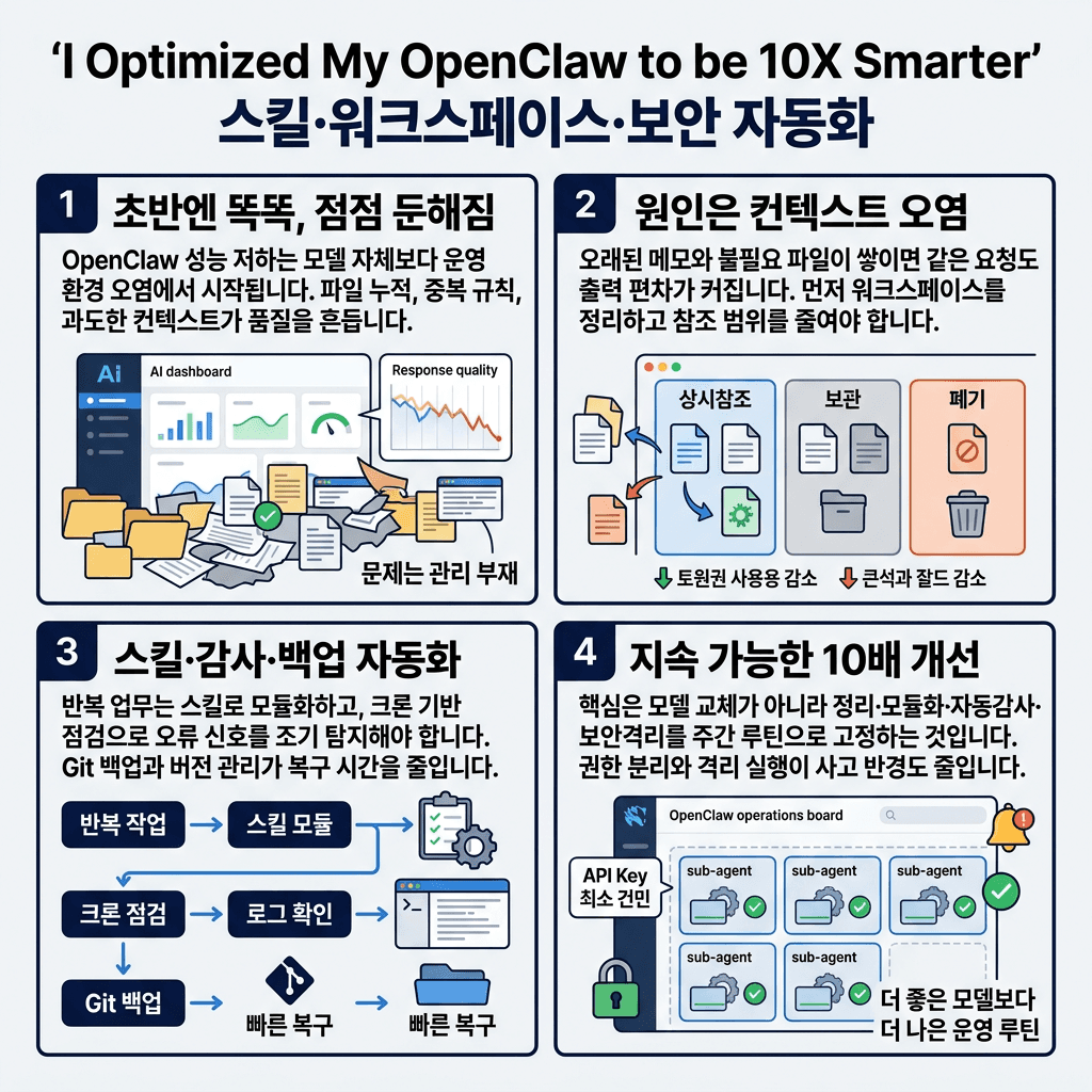 I Optimized My OpenClaw to be 10X Smarter (prompts included)의 핵심 내용을 4단계로 요약한 인포그래픽