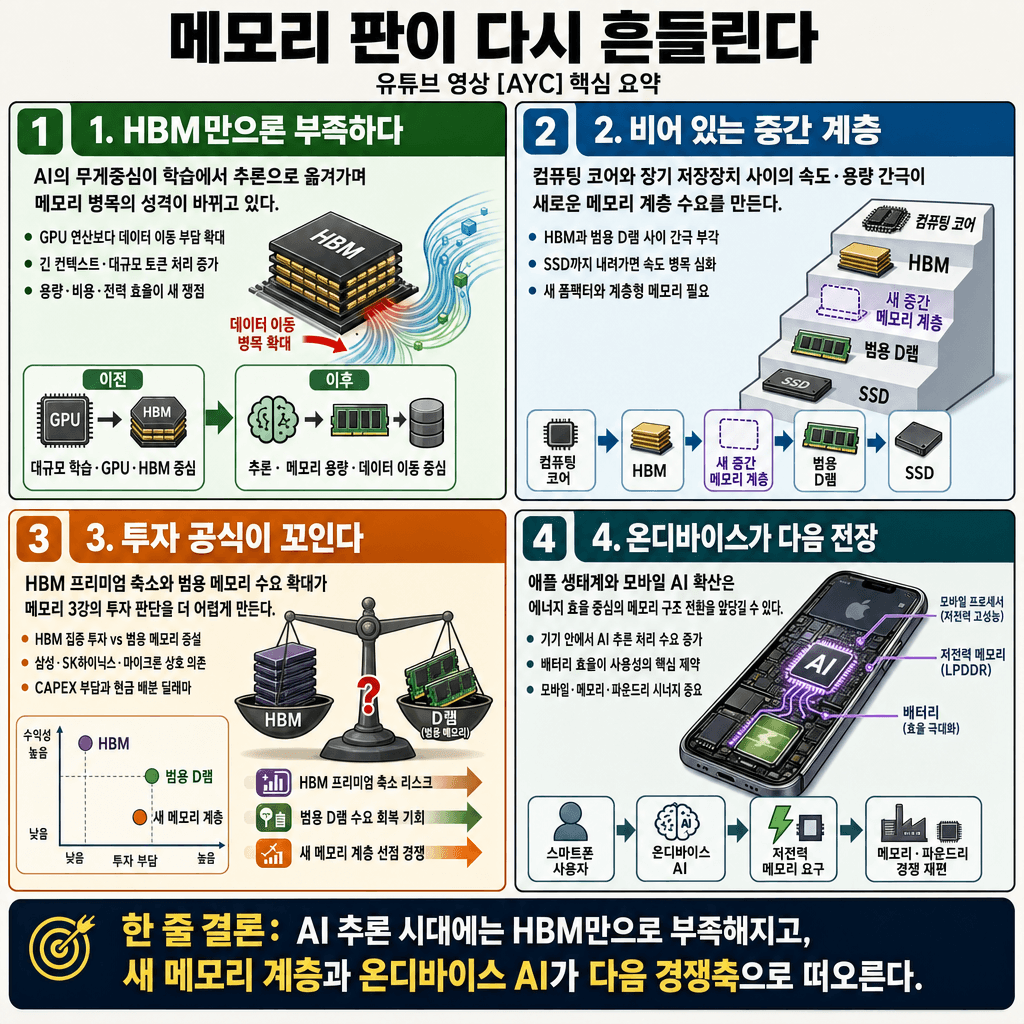 [지식뉴스] "또 한번 판이 뒤집어질 수 있어요" 반도체 투톱 최고 실적에도 못 웃는다..애플이 쏠 ''메모리 대격변''의 실체 (ft.권석준 성균관대 교수) / 교양이를 부탁해의 핵심 내용을 4단계로 요약한 인포그래픽