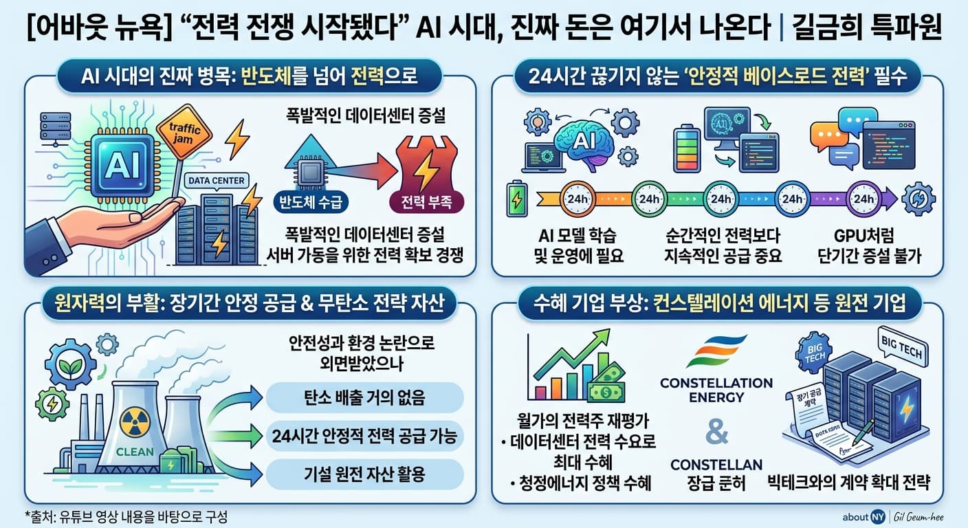 [어바웃 뉴욕] "전력 전쟁 시작됐다" AI 시대, 진짜 돈은 여기서 나온다의 핵심 내용을 4단계로 요약한 인포그래픽