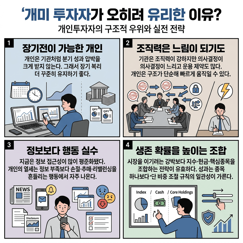 🐜개미 투자자가 유리한 이유? 개미들의 핵심 주식 투자 전략! (이란발 혼란 대처법)의 핵심 내용을 4단계로 요약한 인포그래픽