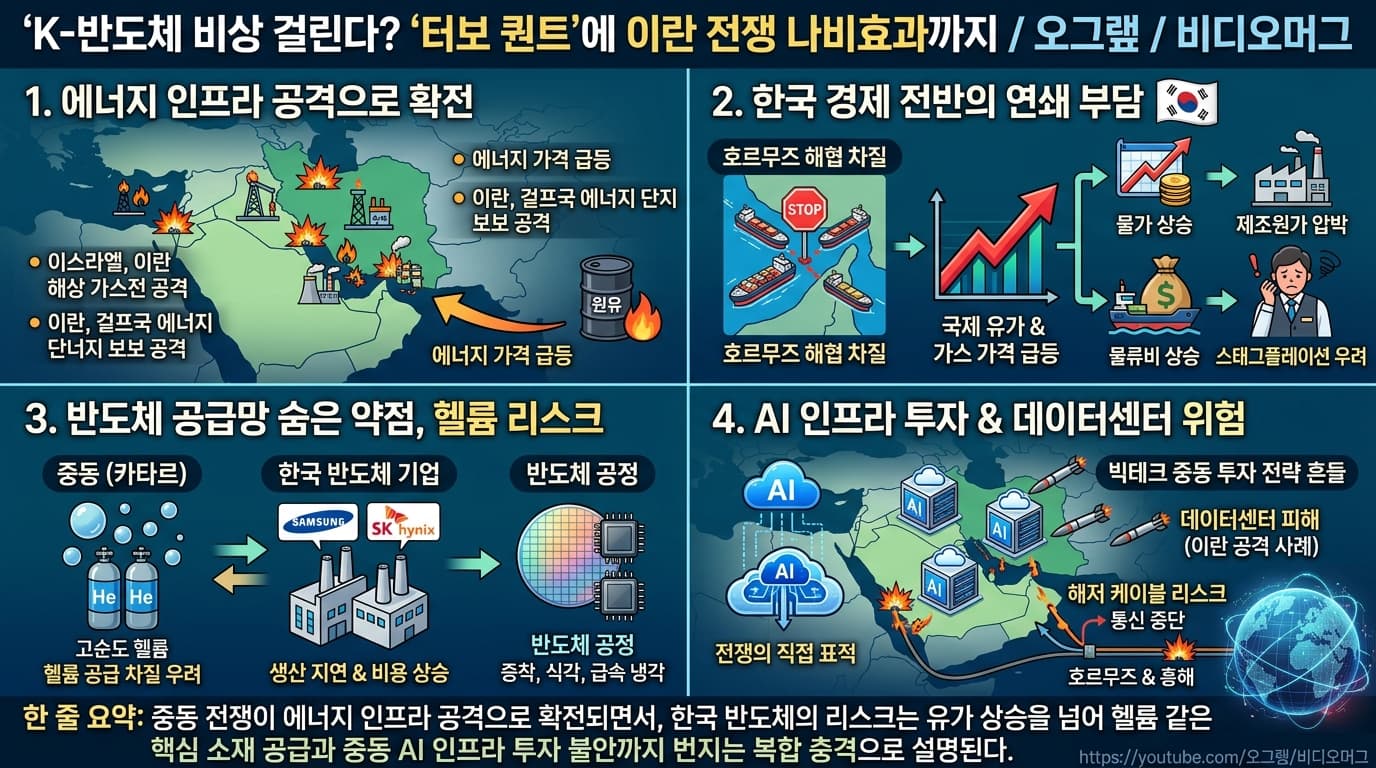 K-반도체 비상 걸린다? ''터보 퀀트''에 이란 전쟁 나비효과까지 / 오그랲 / 비디오머그의 핵심 내용을 4단계로 요약한 인포그래픽