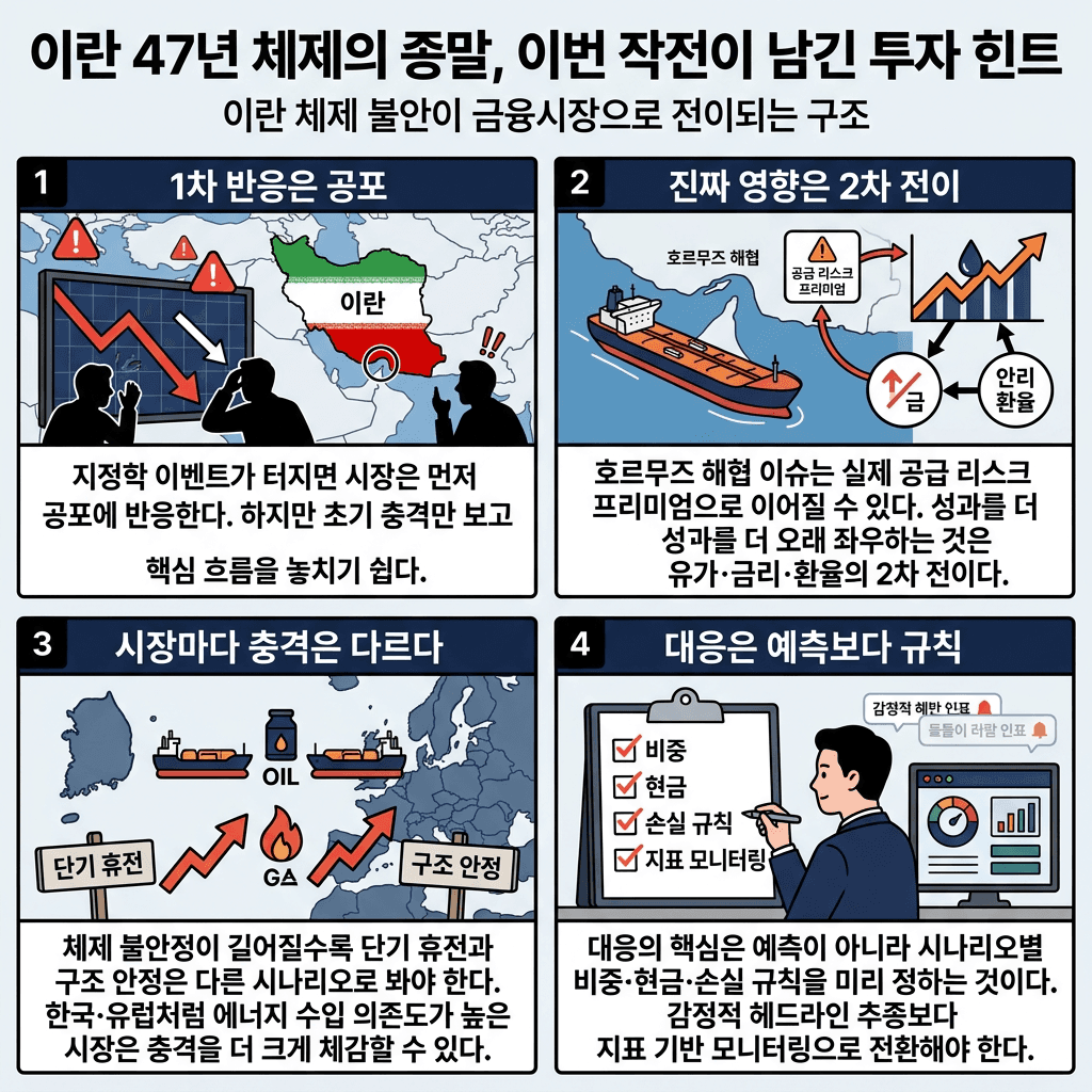 이란 47년 체제의 종말 이번 작전이 남긴 투자 힌트의 핵심 내용을 4단계로 요약한 인포그래픽