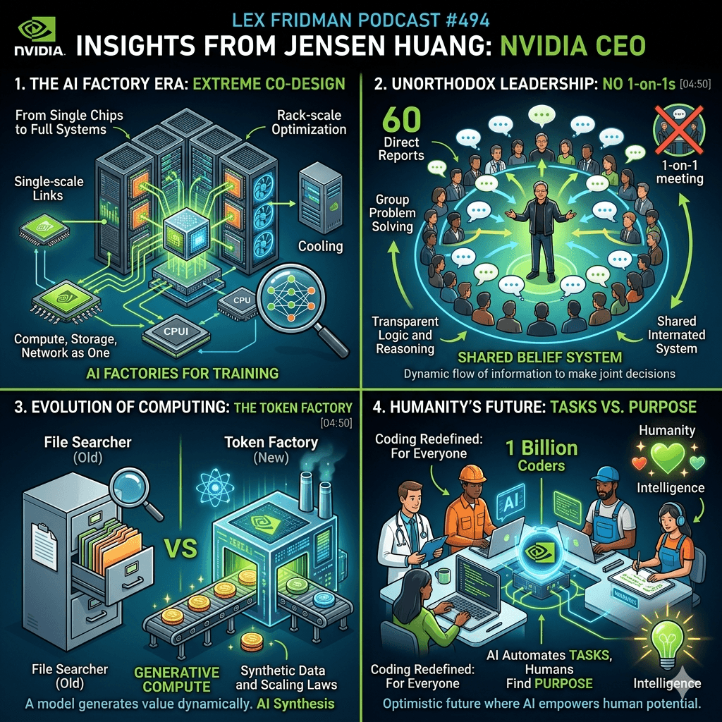 Jensen Huang: NVIDIA - The $4 Trillion Company & the AI Revolution의 핵심 내용을 4단계로 요약한 인포그래픽