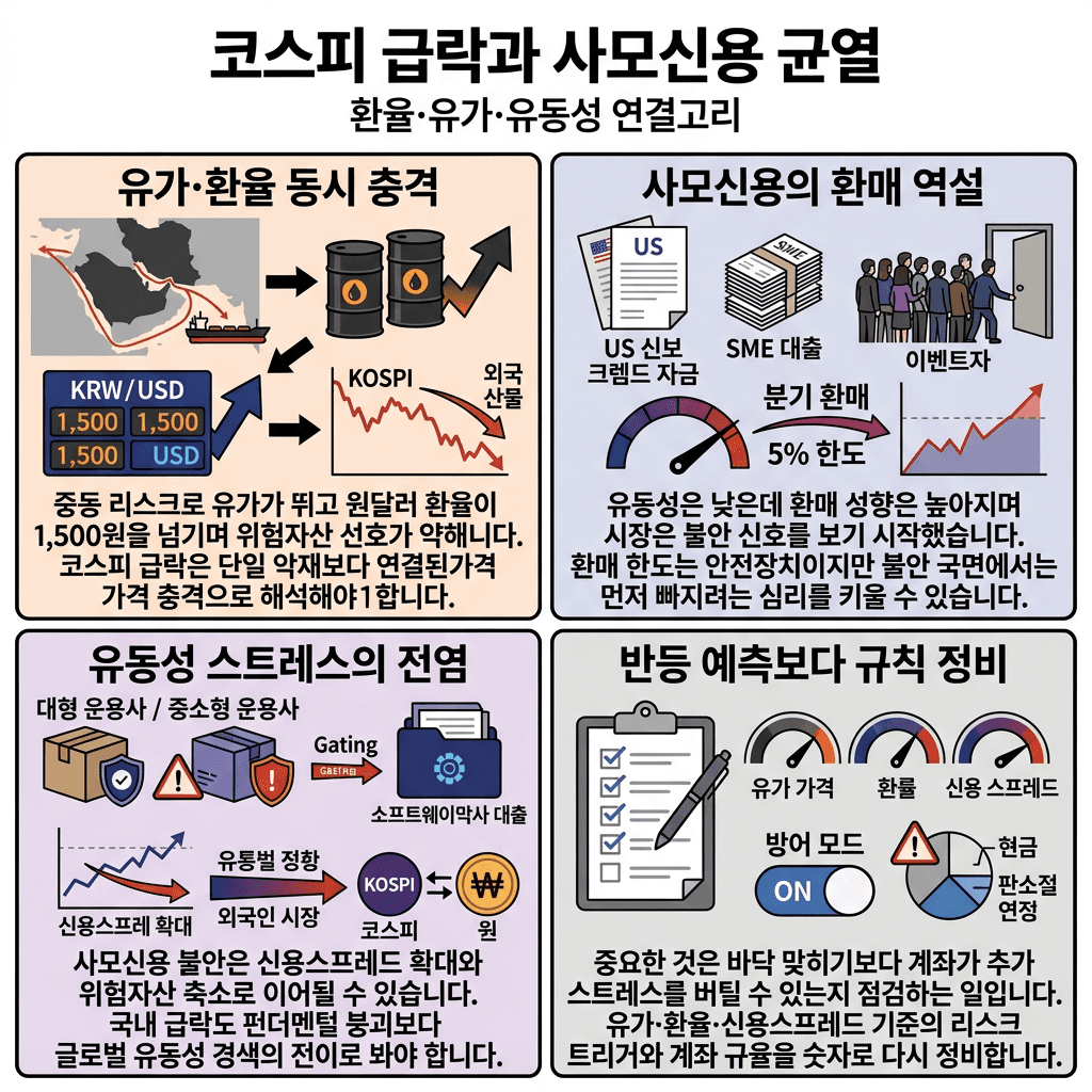 유가 급등은 트리거일 뿐" 사모신용 균열이 본체다. ''조용한 뱅크런'' 도미노 시작의 핵심 내용을 4단계로 요약한 인포그래픽