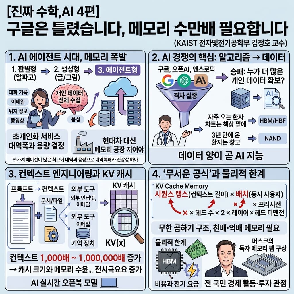 [진짜 수학,AI 4편] 구글은 틀렸습니다, 메모리 수만배 필요합니다 (KAIST 전자및전기공학부 김정호 교수)의 핵심 내용을 4단계로 요약한 인포그래픽