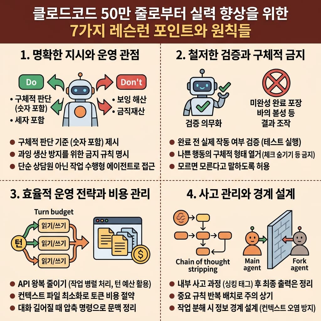 클로드코드 50만 줄로부터 실력 향상을 위한 7가지 레슨런 포인트와 원칙들의 핵심 내용을 4단계로 요약한 인포그래픽