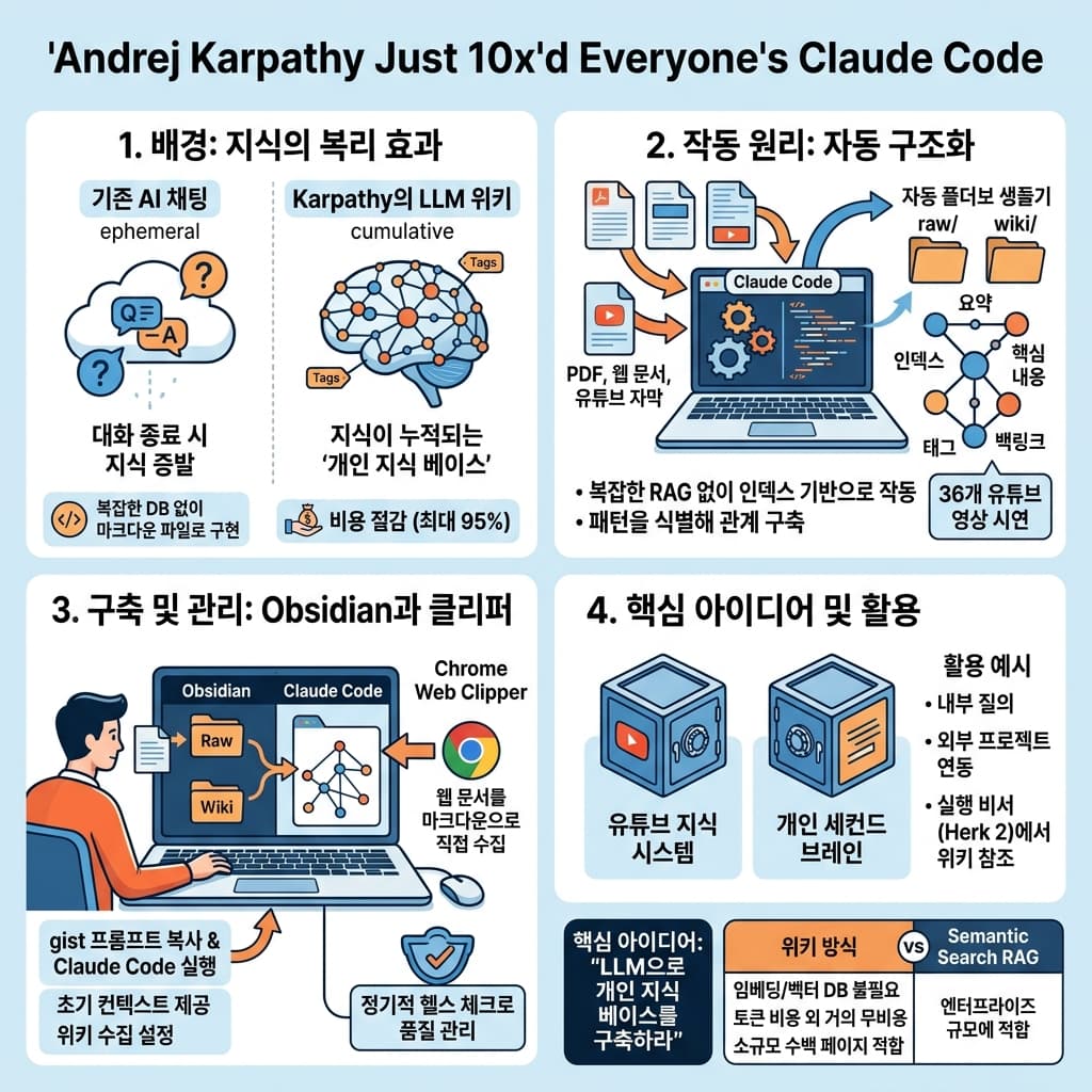 Andrej Karpathy Just 10x''d Everyone''s Claude Code의 핵심 내용을 4단계로 요약한 인포그래픽