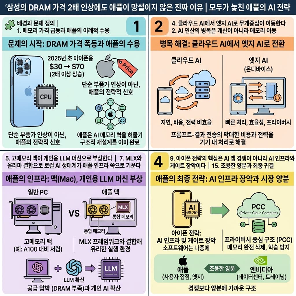 삼성이 DRAM 2배 올렸는데 애플이 망설이지 않은 이유의 핵심 내용을 4단계로 요약한 인포그래픽