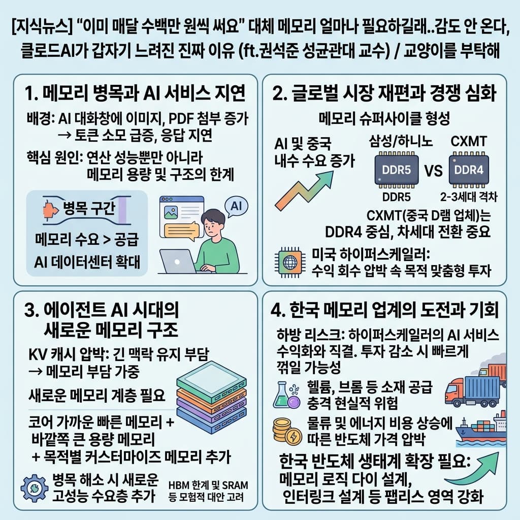 [지식뉴스] "이미 매달 수백만 원씩 써요" 대체 메모리 얼마나 필요하길래..감도 안 온다, 클로드AI가 갑자기 느려진 진짜 이유 (ft.권석준 성균관대 교수) / 교양이를 부탁해의 핵심 내용을 4단계로 요약한 인포그래픽