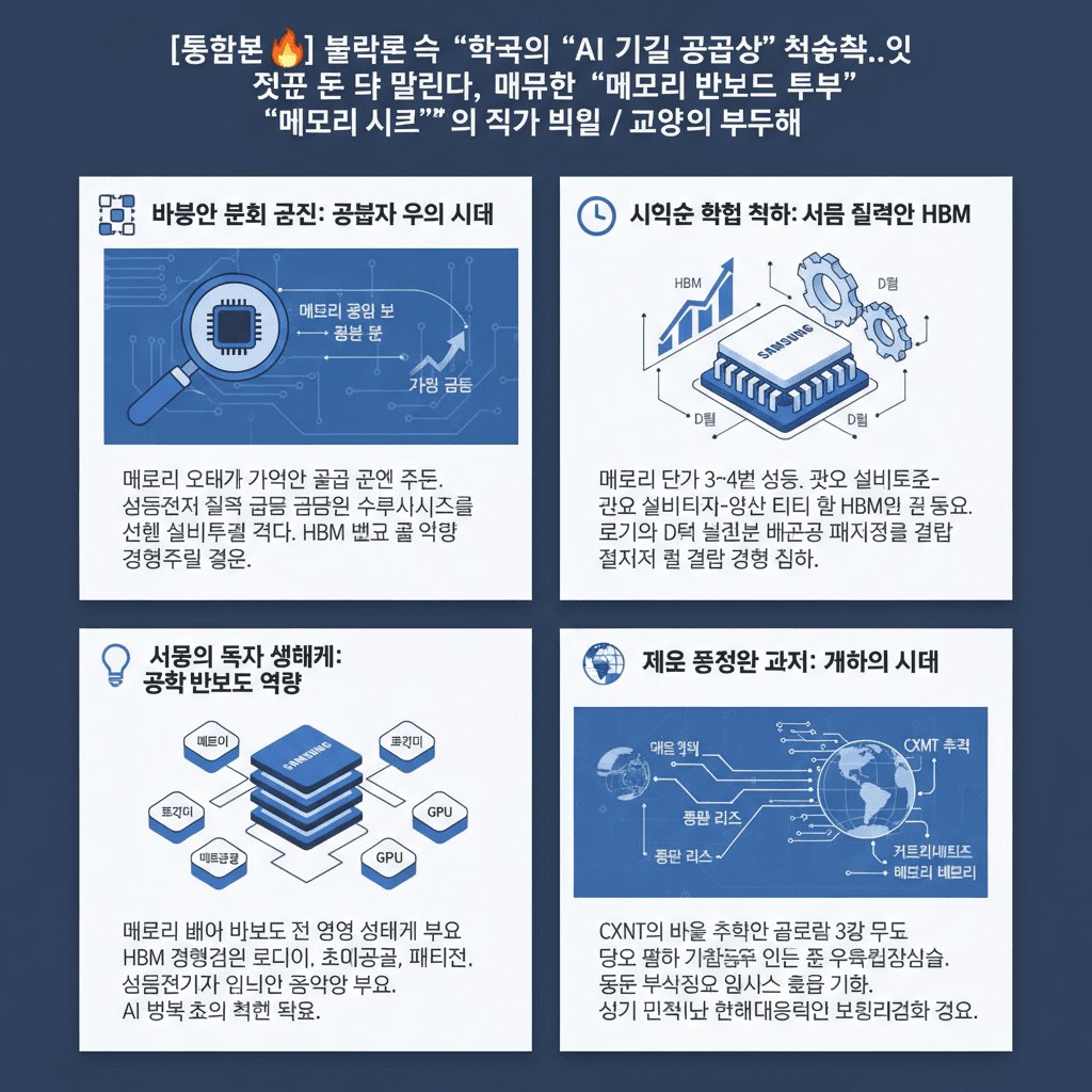 [통합본🔥] 블랙록 "한국이 ''AI 기술 공급망'' 핵심축"..이제 돈 더 몰린다, 대한민국 반도체 투톱 ''메모리 사이클''의 진짜 비밀 / 교양이를 부탁해의 핵심 내용을 4단계로 요약한 인포그래픽