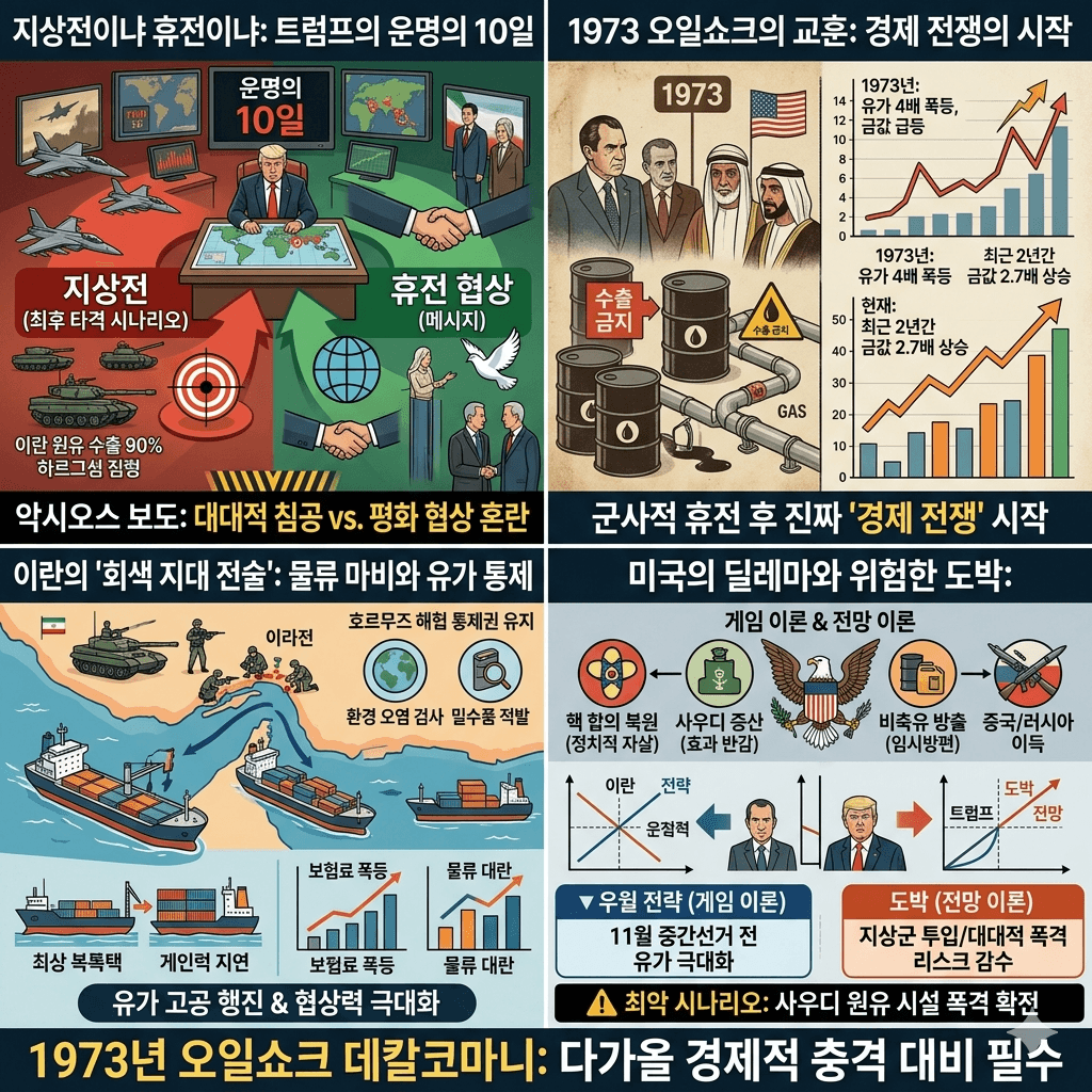 지상전이냐, 휴전이냐? 10일 남은 중동의 운명 (박종훈의 지식한방)의 핵심 내용을 4단계로 요약한 인포그래픽