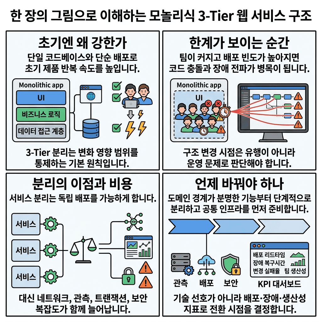 한 장의 그림으로 이해하는 모놀리식 3-Tier 웹 서비스 구조의 핵심 내용을 4단계로 요약한 인포그래픽