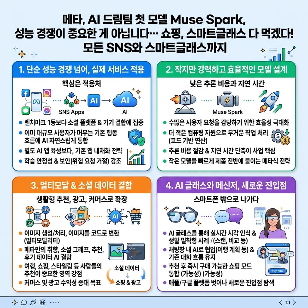 메타, AI 드림팀 첫 모델 Muse Spark, 성능 경쟁이 중요한 게 아닙니다…. 쇼핑, 스마트글래스 다 먹겠다! 모든 SNS와 스마트글래스까지의 핵심 내용을 4단계로 요약한 인포그래픽