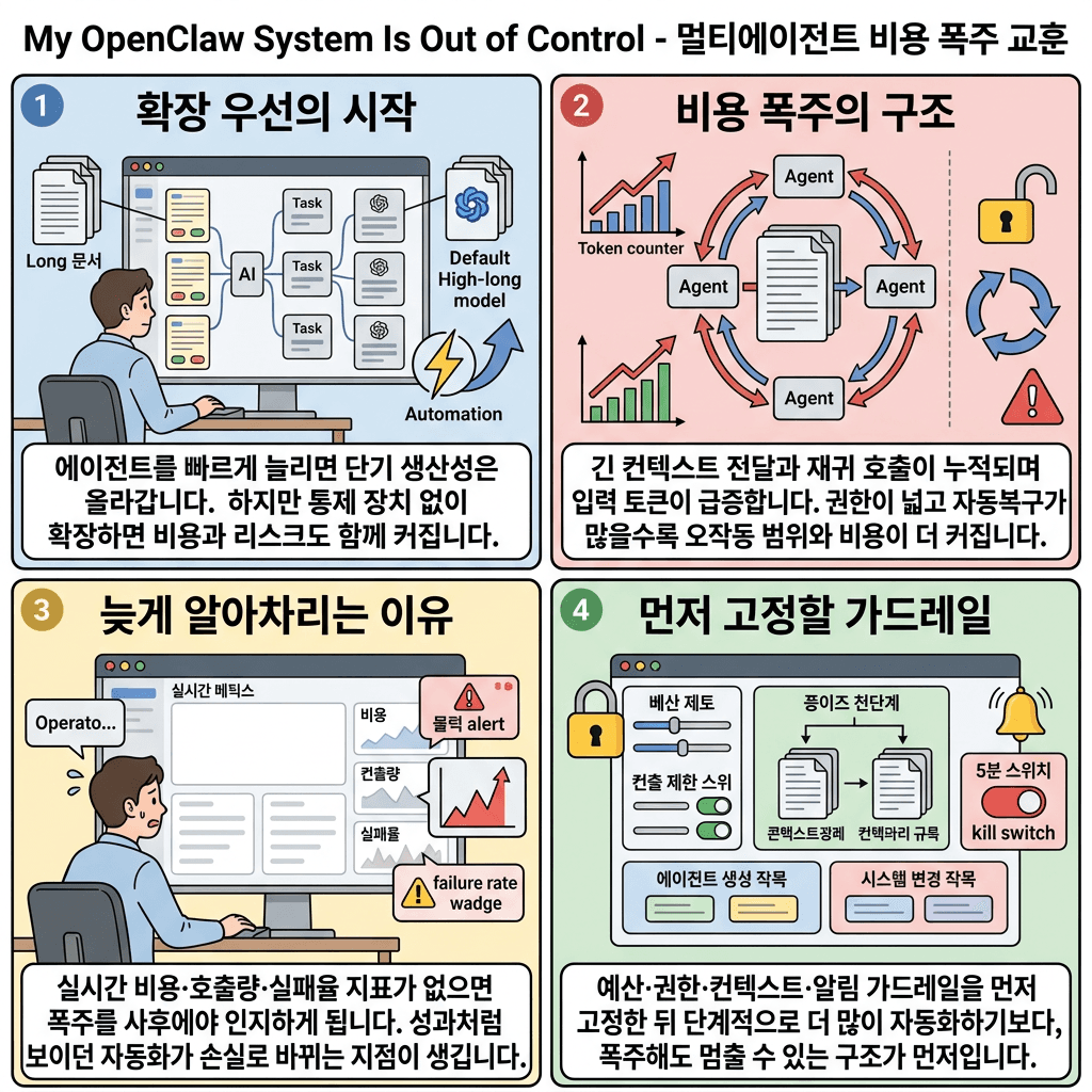 My OpenClaw System Is Out of Control의 핵심 내용을 4단계로 요약한 인포그래픽
