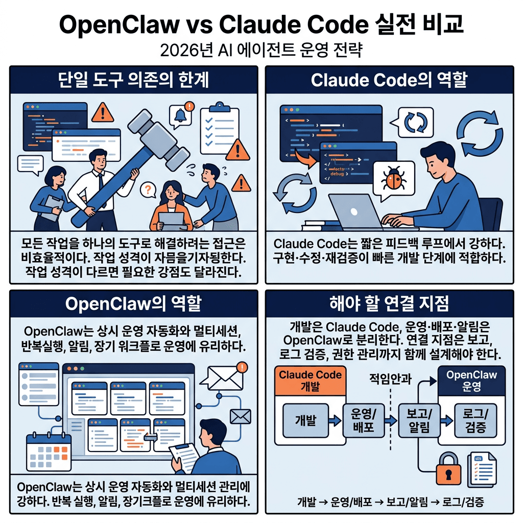 OpenClaw vs Claude Code의 핵심 내용을 4단계로 요약한 인포그래픽