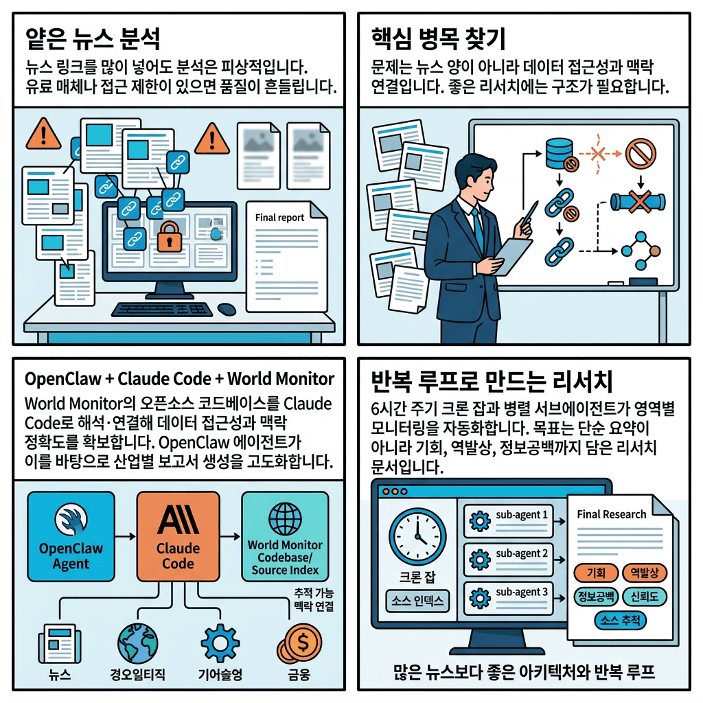 OpenClaw Claude Code + World Monitor = ULTIMATE News Research의 핵심 내용을 4단계로 요약한 인포그래픽