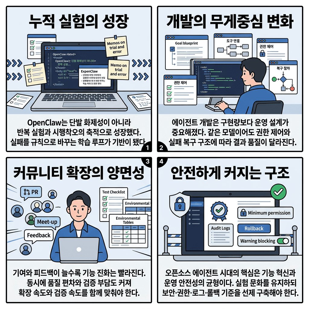 OpenClaw 창업자 인터뷰 - 1인 오픈소스가 만든 AI 에이전트 혁신의 핵심 내용을 4단계로 요약한 인포그래픽