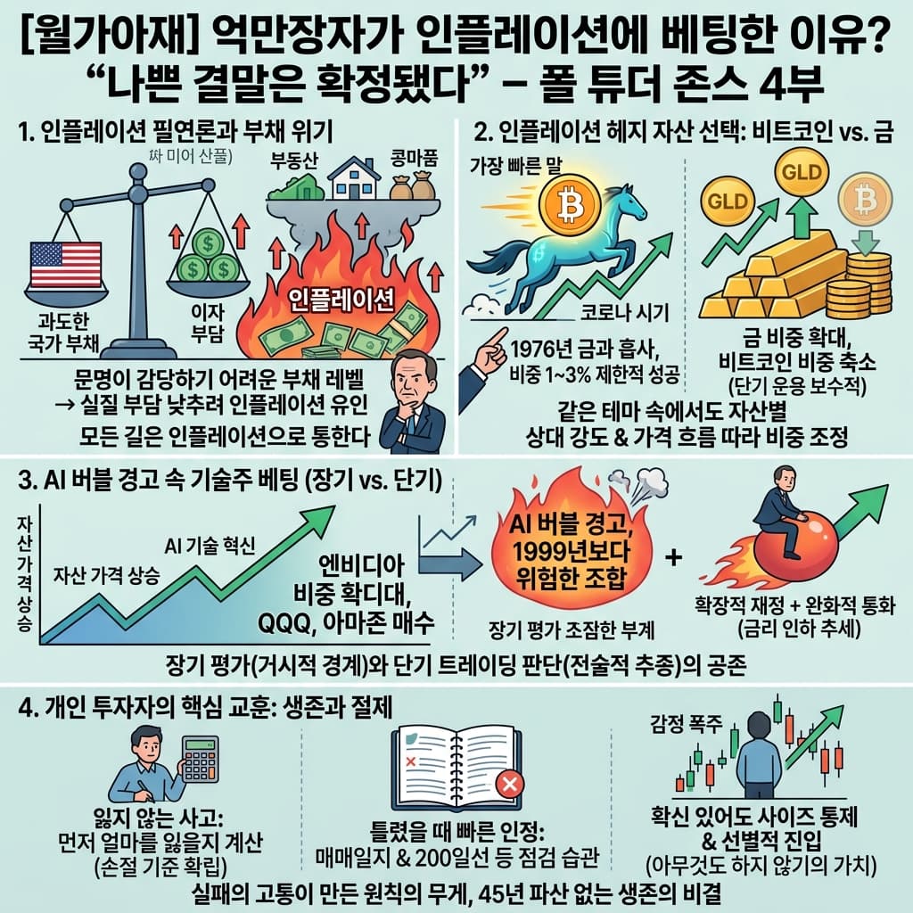 [월가아재] 억만장자가 인플레이션에 베팅한 이유? "나쁜 결말은 확정됐다" - 폴 튜더 존스 4부의 핵심 내용을 4단계로 요약한 인포그래픽