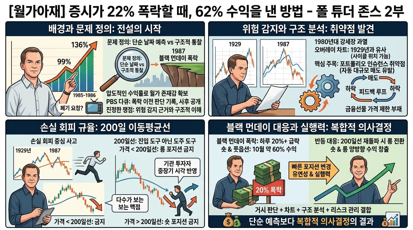 [월가아재] 증시가 22% 폭락할 때, 62% 수익을 낸 방법 - 폴 튜더 존스 2부의 핵심 내용을 4단계로 요약한 인포그래픽