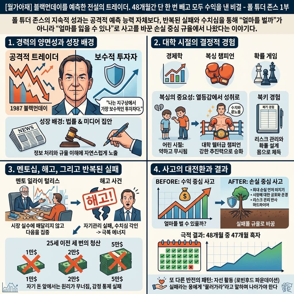 [월가아재] 블랙먼데이를 예측한 전설의 트레이더. 48개월간 단 한 번 빼고 모두 수익을 낸 비결 - 폴 튜더 존스 1부의 핵심 내용을 4단계로 요약한 인포그래픽