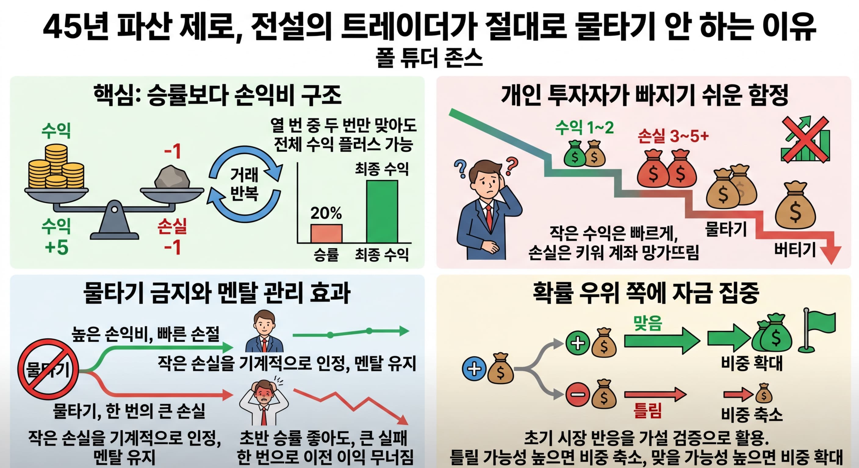 [월가아재] 45년 파산 제로, 전설의 트레이더가 절대로 물타기 안 하는 이유 - 폴 튜더 존스 3부의 핵심 내용을 4단계로 요약한 인포그래픽