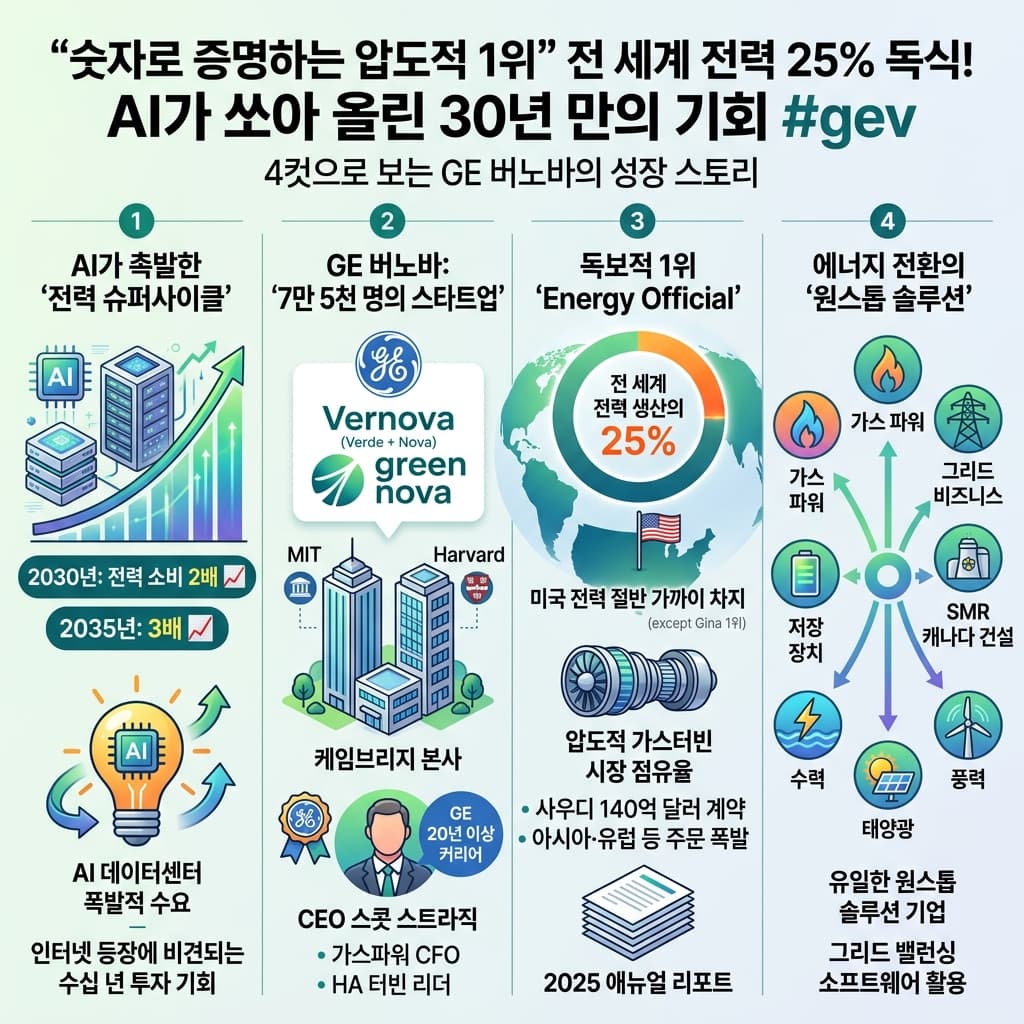숫자로 증명하는 압도적 1위" 전 세계 전력 25% 독식! AI가 쏘아 올린 30년 만의 기회 #gev의 핵심 내용을 4단계로 요약한 인포그래픽