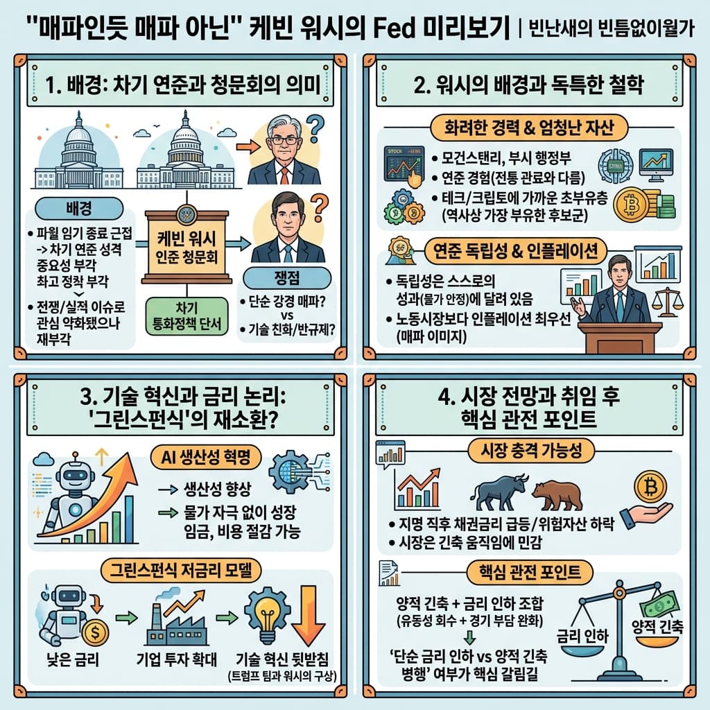 매파인듯 매파 아닌'' 케빈 워시의 Fed 미리보기의 핵심 내용을 4단계로 요약한 인포그래픽