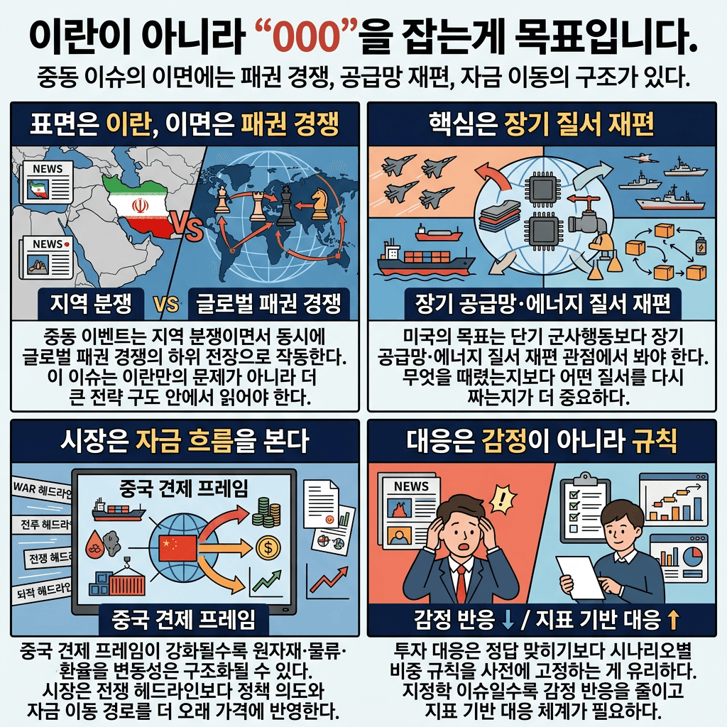 이란이 아니라 "000"을 잡는게 목표입니다.의 핵심 내용을 4단계로 요약한 인포그래픽