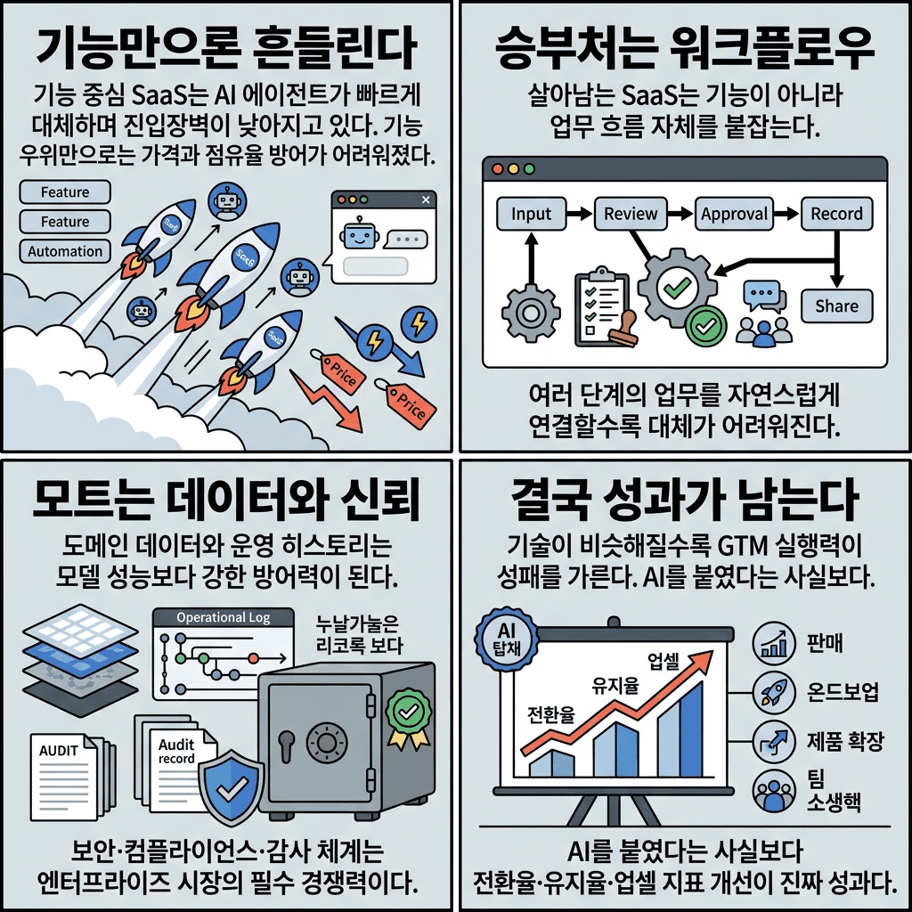 AI 타고 날아갈 줄 알았던 SaaS 회사들의 좌절, 누가누가 떨고있나?의 핵심 내용을 4단계로 요약한 인포그래픽