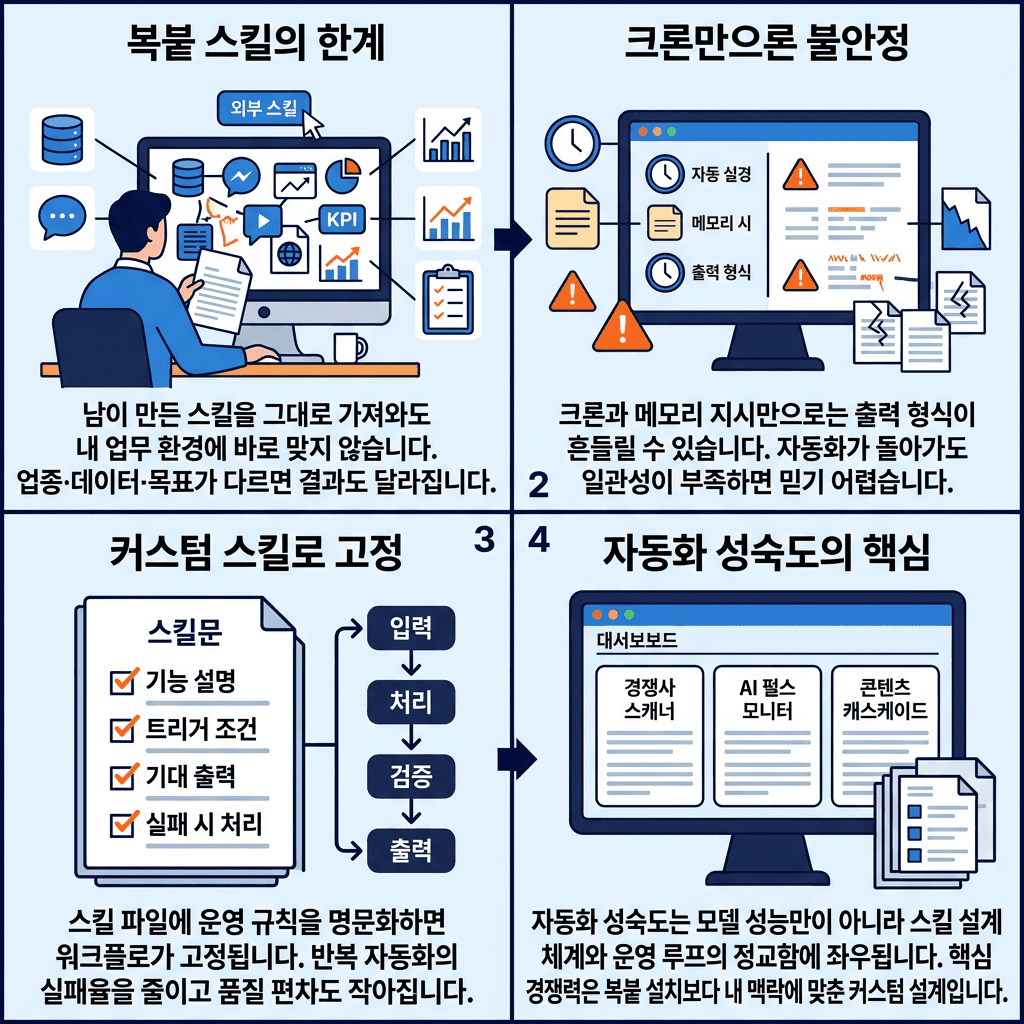 STOP Installing OpenClaw Skills: START Building Your Own의 핵심 내용을 4단계로 요약한 인포그래픽