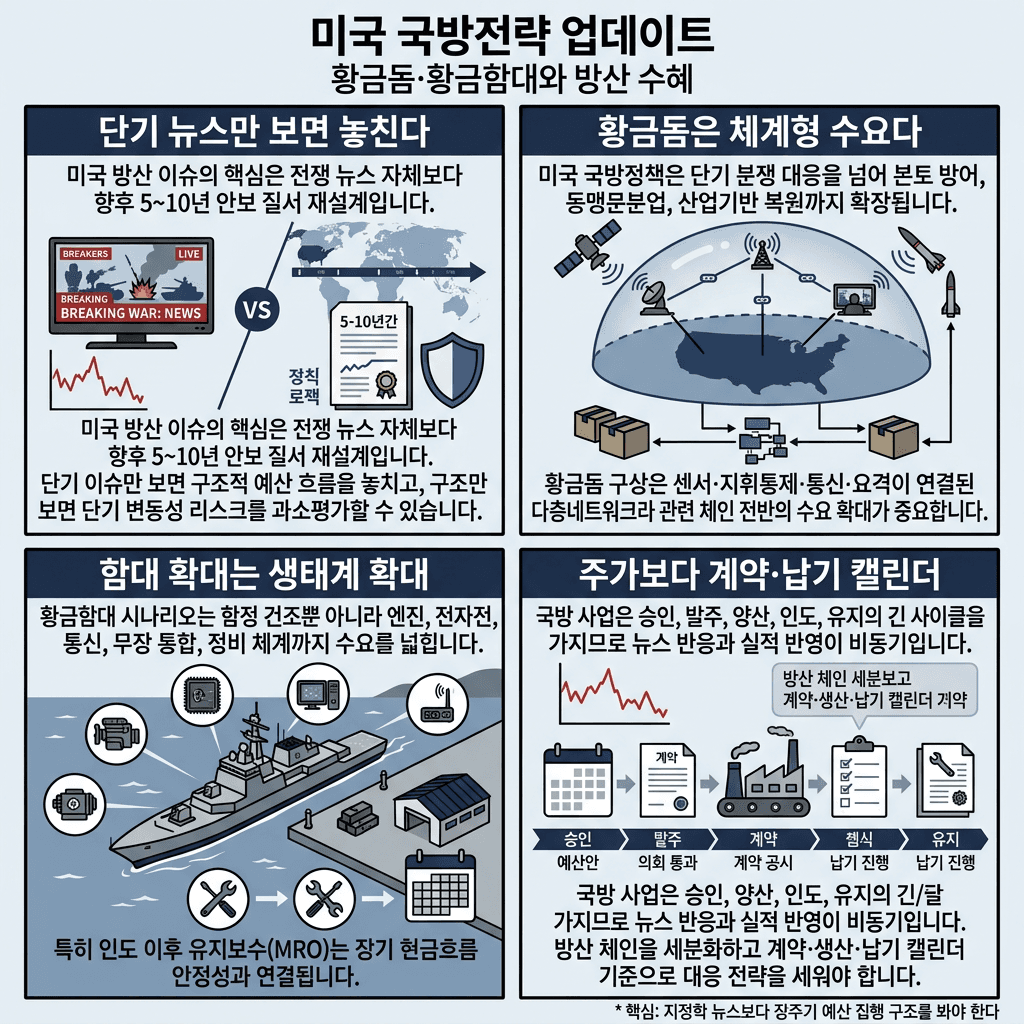 방산주 사야 하나 말아야 하나의 핵심 내용을 4단계로 요약한 인포그래픽