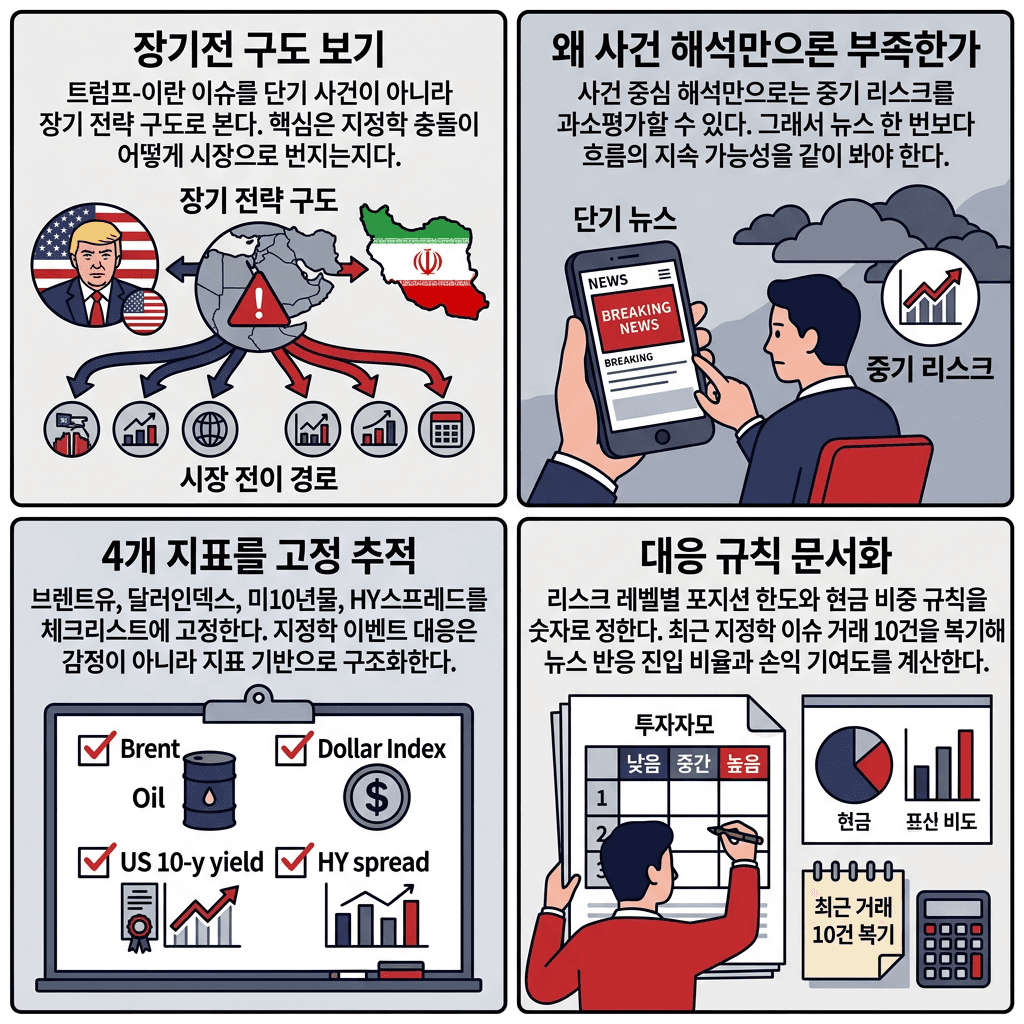 이란 전쟁이 장기전이 될 수밖에 없는 이유의 핵심 내용을 4단계로 요약한 인포그래픽