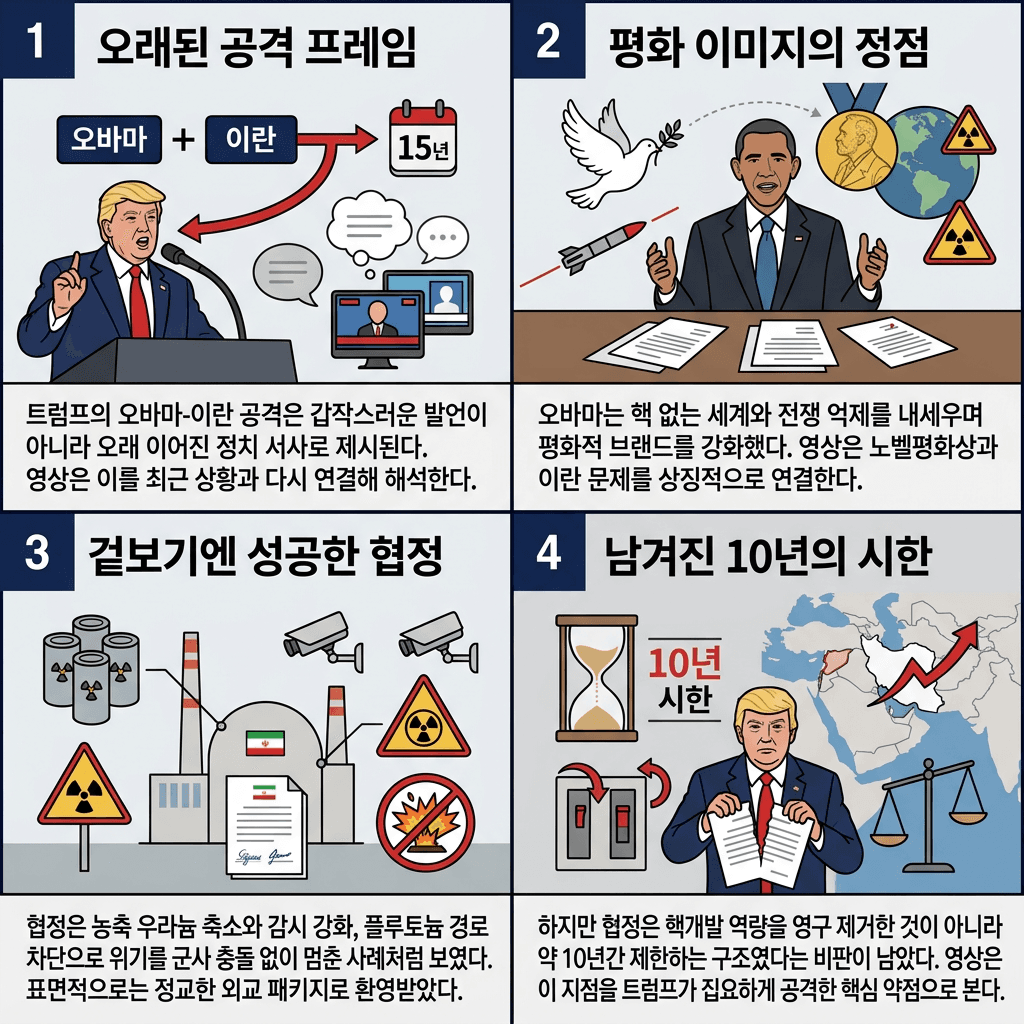 트럼프의 충격 폭로, 오바마가 이란을 키웠다고..?의 핵심 내용을 4단계로 요약한 인포그래픽