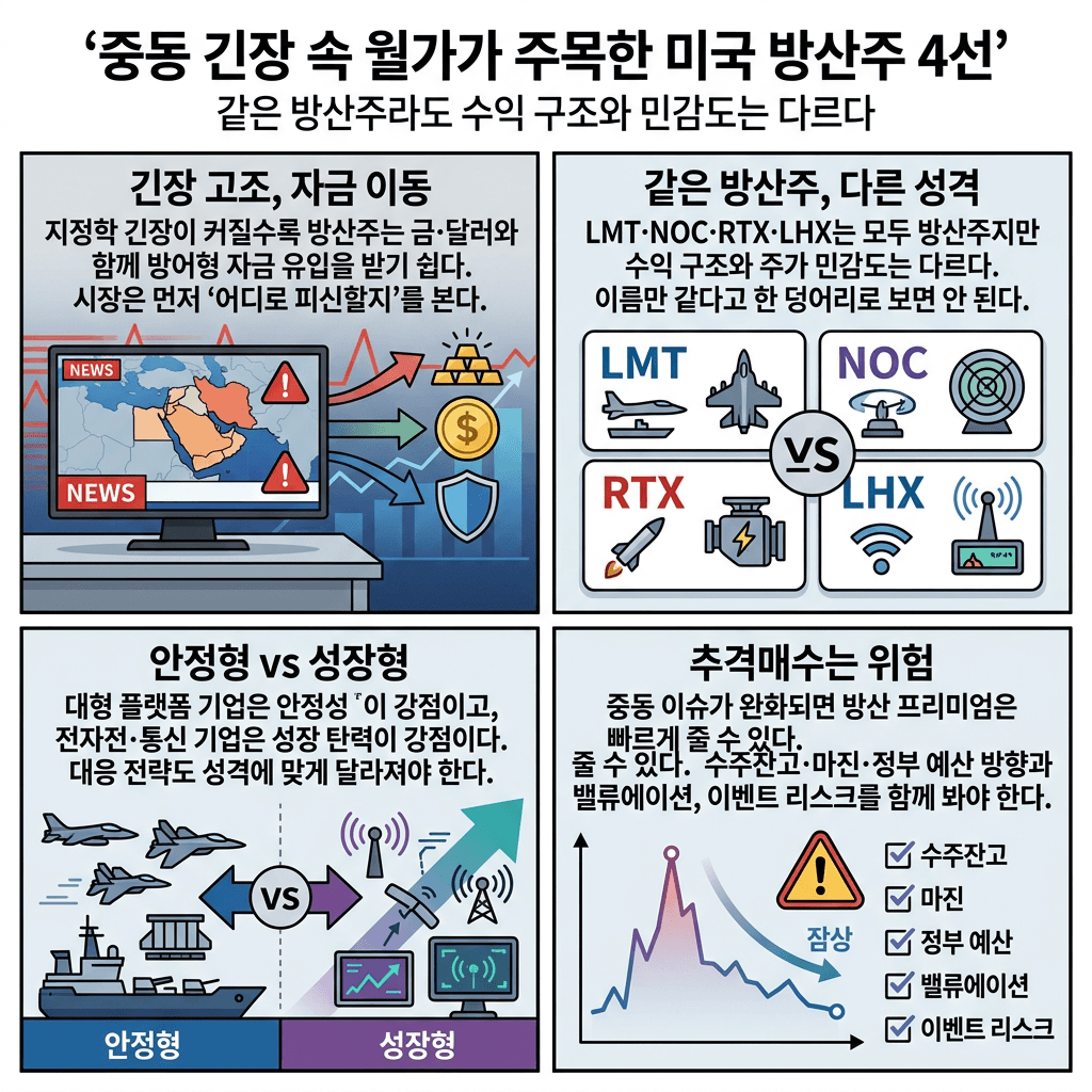 미-이란 무력 충돌 현실화, 방산주 더 오르나?의 핵심 내용을 4단계로 요약한 인포그래픽