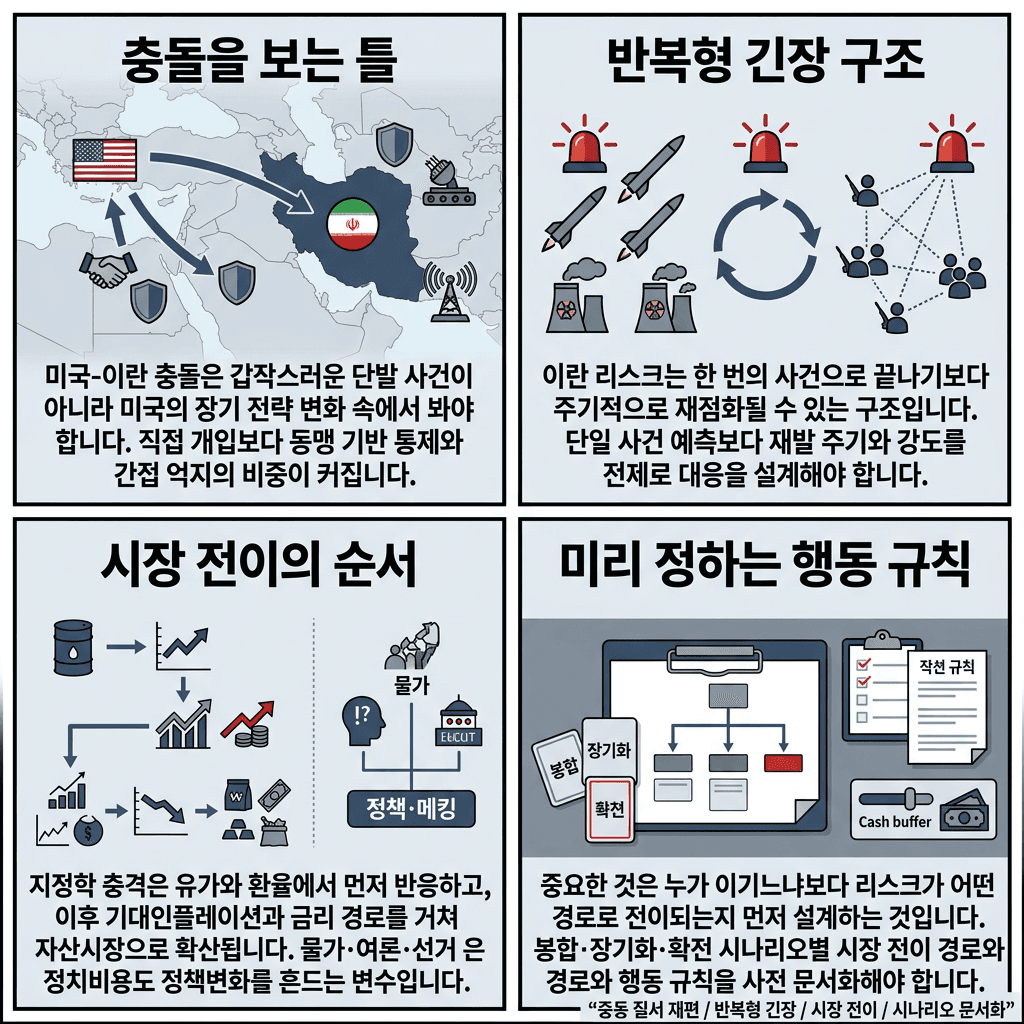 미국-이란 전쟁? 미국은 왜 지금 이란을 쳤을까의 핵심 내용을 4단계로 요약한 인포그래픽