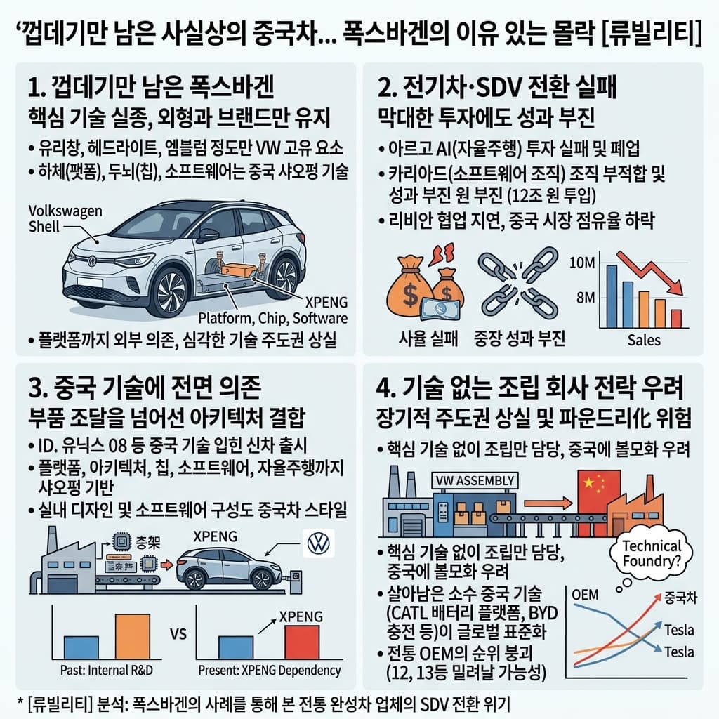 껍데기만 남은 사실상의 중국차... 폭스바겐의 이유 있는 몰락 [류빌리티]의 핵심 내용을 4단계로 요약한 인포그래픽