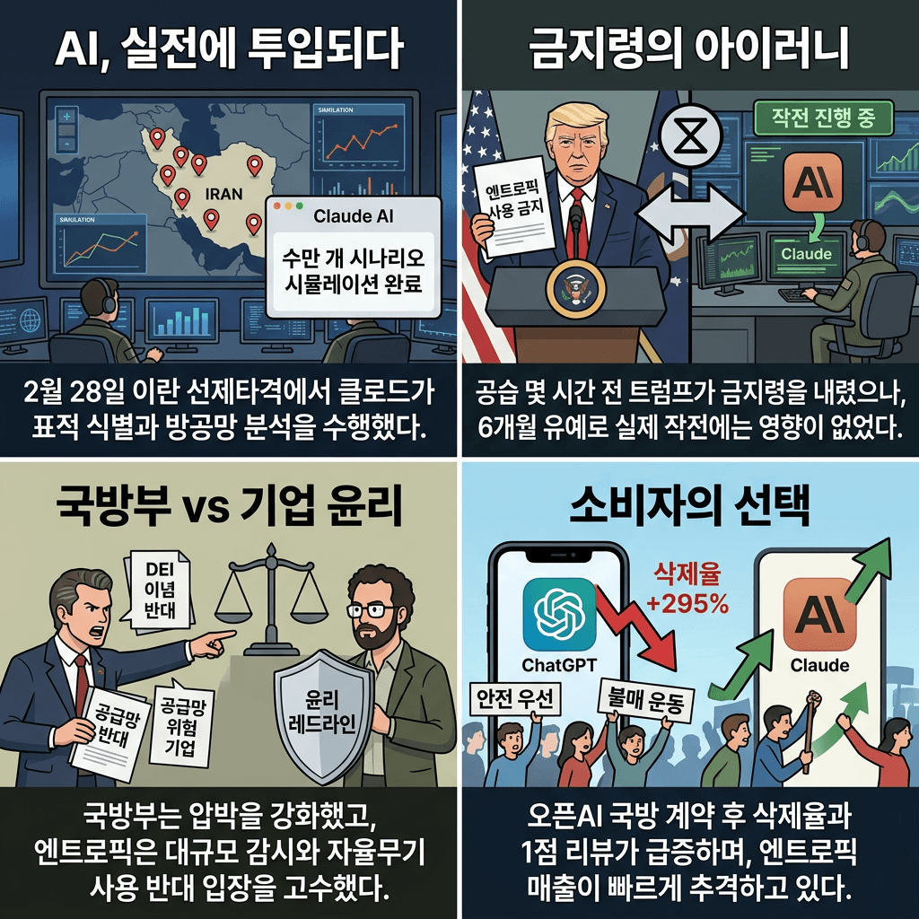 미 국방부 vs 앤트로픽... AI 안전을 놓고 벌인 전쟁 / 오그랲 / 비디오머그의 핵심 내용을 4단계로 요약한 인포그래픽
