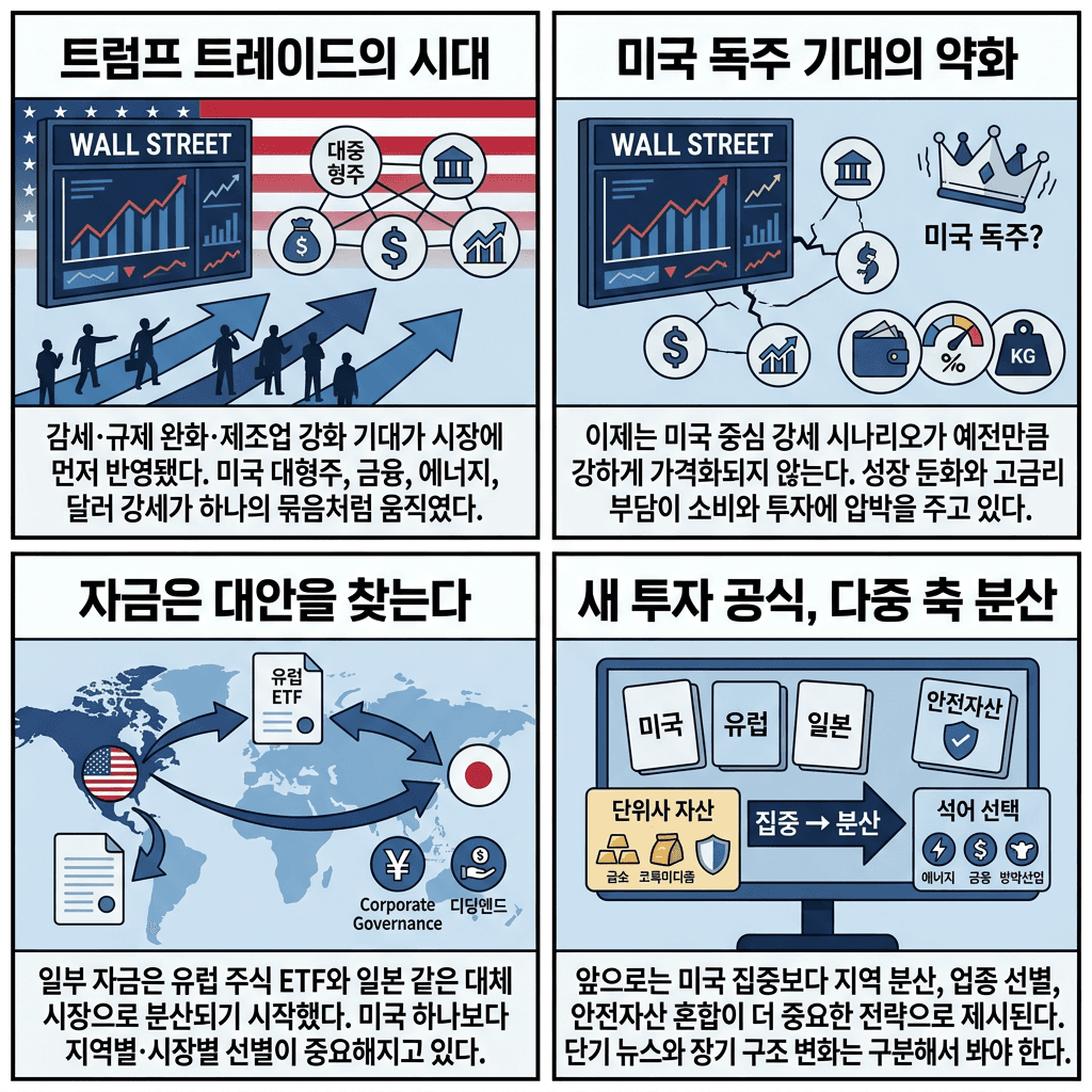 미국 독주 끝났다" 요즘 월가 투자 공식은?의 핵심 내용을 4단계로 요약한 인포그래픽