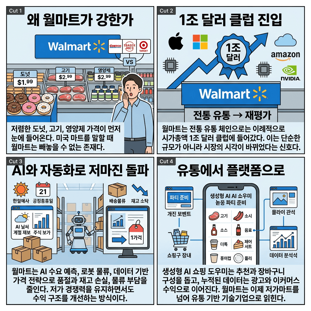 저마진 유통의 한계, 월마트 테크 전략이 깨부쉈다의 핵심 내용을 4단계로 요약한 인포그래픽