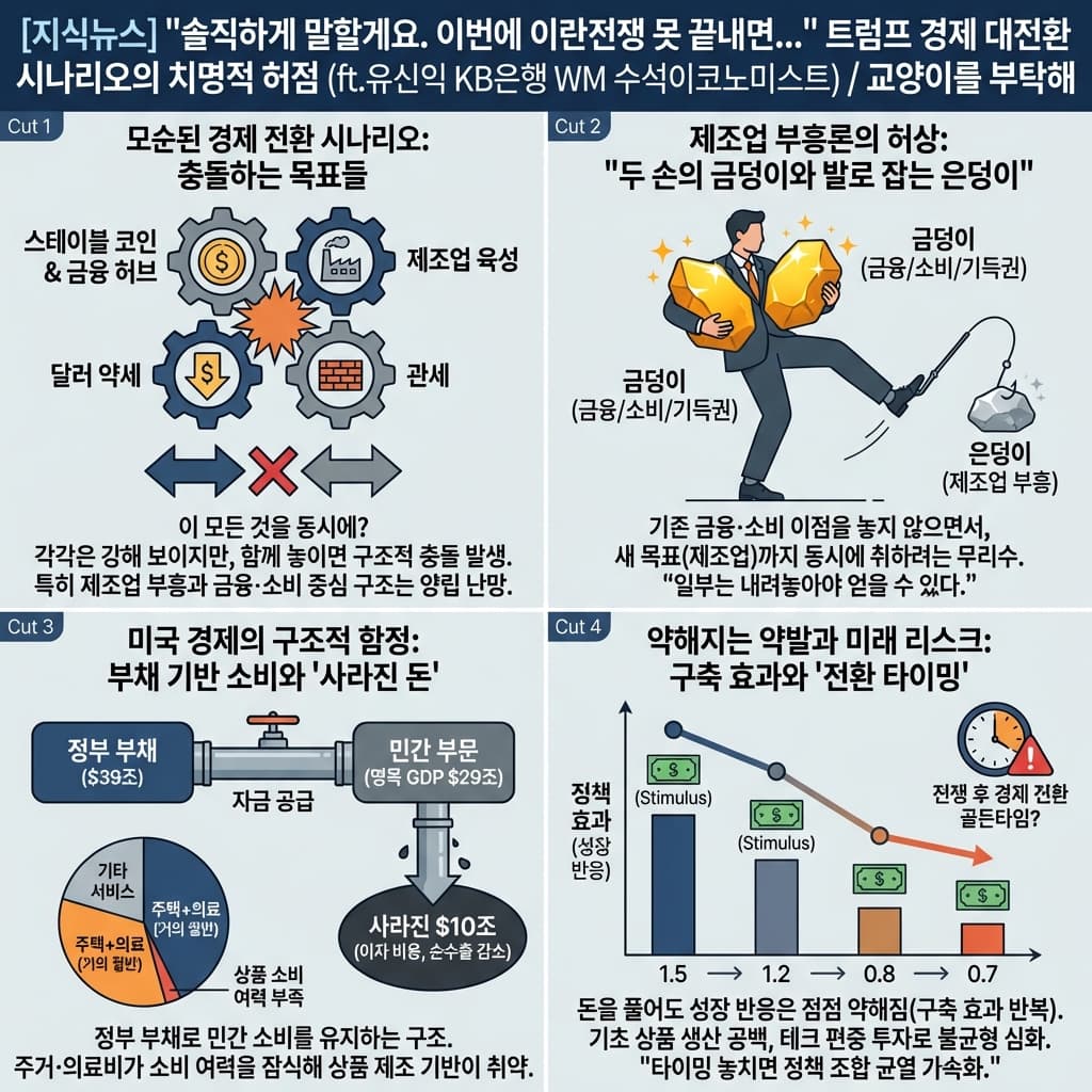 [지식뉴스] "솔직하게 말할게요. 이번에 이란전쟁 못 끝내면..." 트럼프 경제 대전환 시나리오의 치명적 허점 (ft.유신익 KB은행 WM 수석이코노미스트) / 교양이를 부탁해의 핵심 내용을 4단계로 요약한 인포그래픽