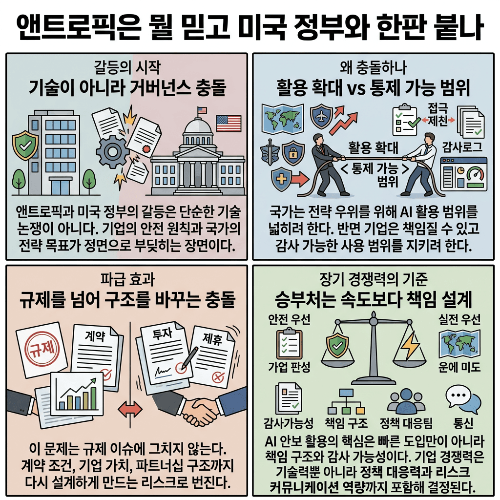 앤스로픽은 뭘 믿고 미국 정부와 한판 붙나 - 김덕진 IT커뮤니케이션 연구소 소장의 핵심 내용을 4단계로 요약한 인포그래픽