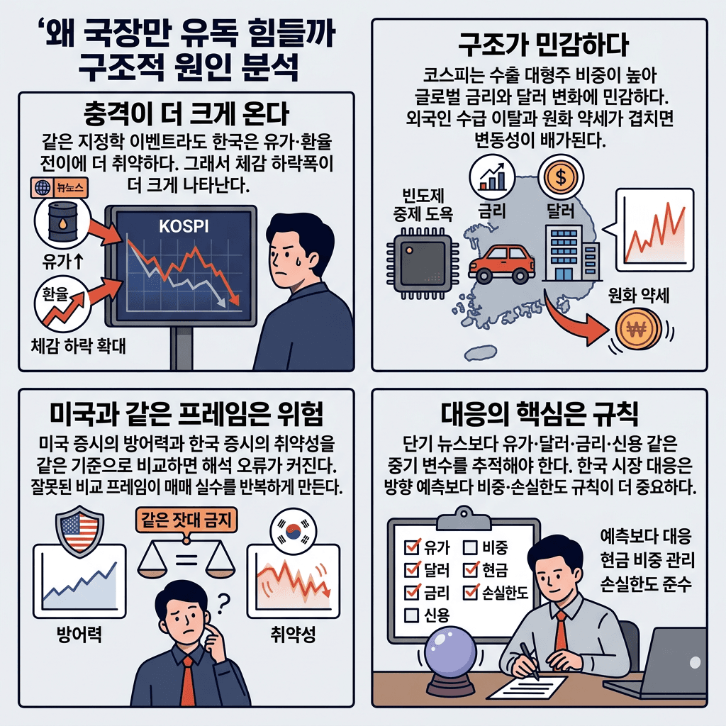 왜 국장만 더 힘든 것인가??의 핵심 내용을 4단계로 요약한 인포그래픽