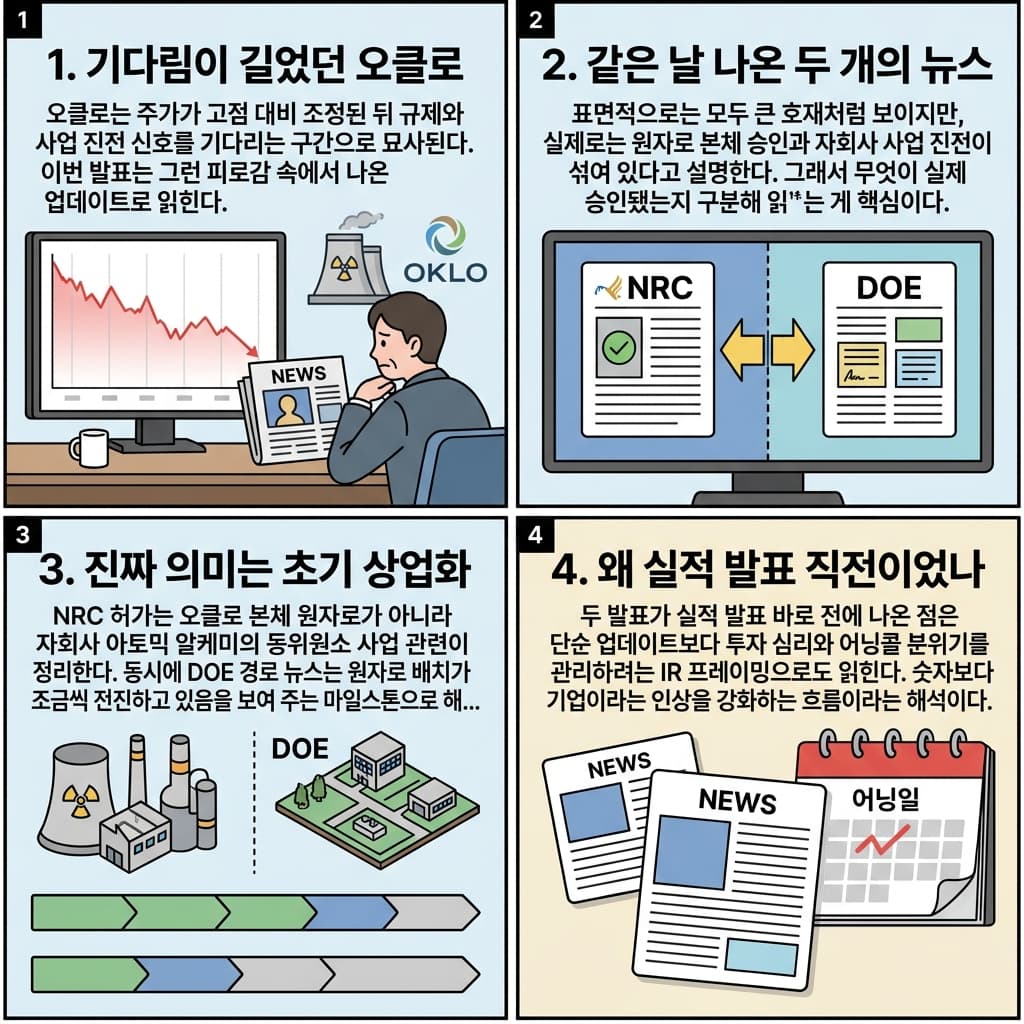 [원자력 속보] 오클로 승인 뉴스는 왜 실적 발표 날 오전에 2개나 냈을까? OKLO의 핵심 내용을 4단계로 요약한 인포그래픽